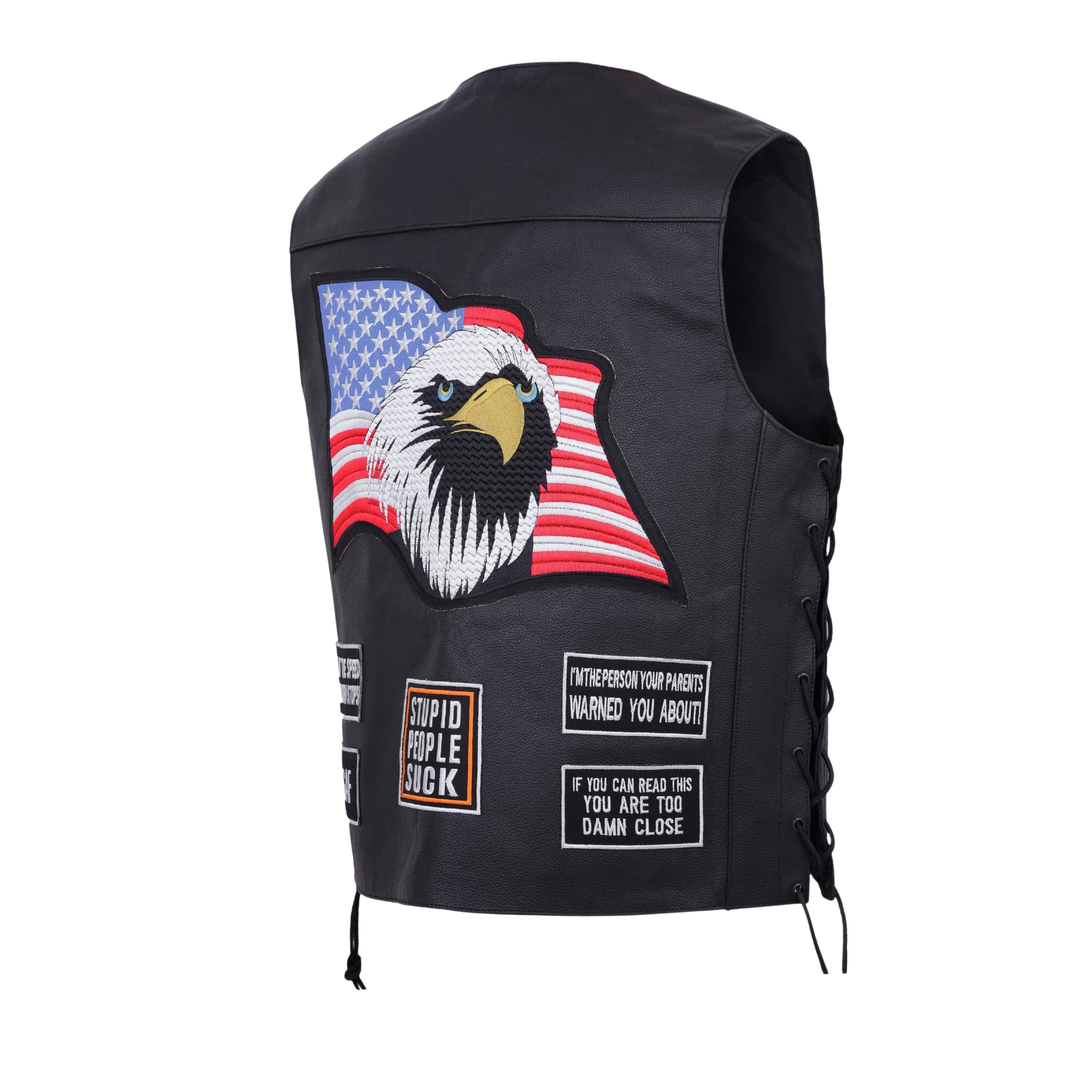 Men’s Motorcycle Leather Vest – USA Flag & American Eagle Design – Premium Biker Club Cut with Concealed Gun Pocket