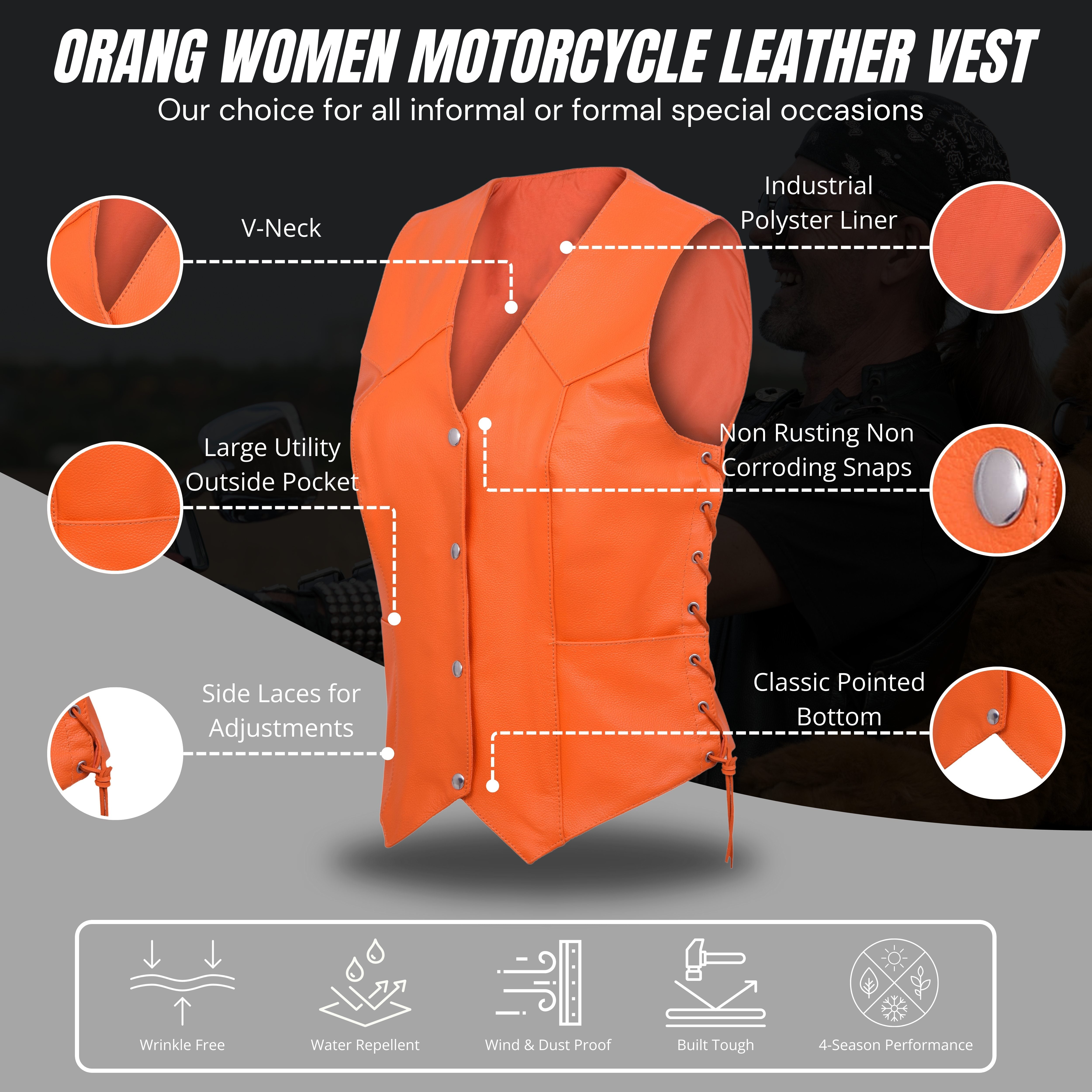 Damen Biker Motorradweste aus Orange Echtleder mit verdecktem Tragen – Club Style von Rexons