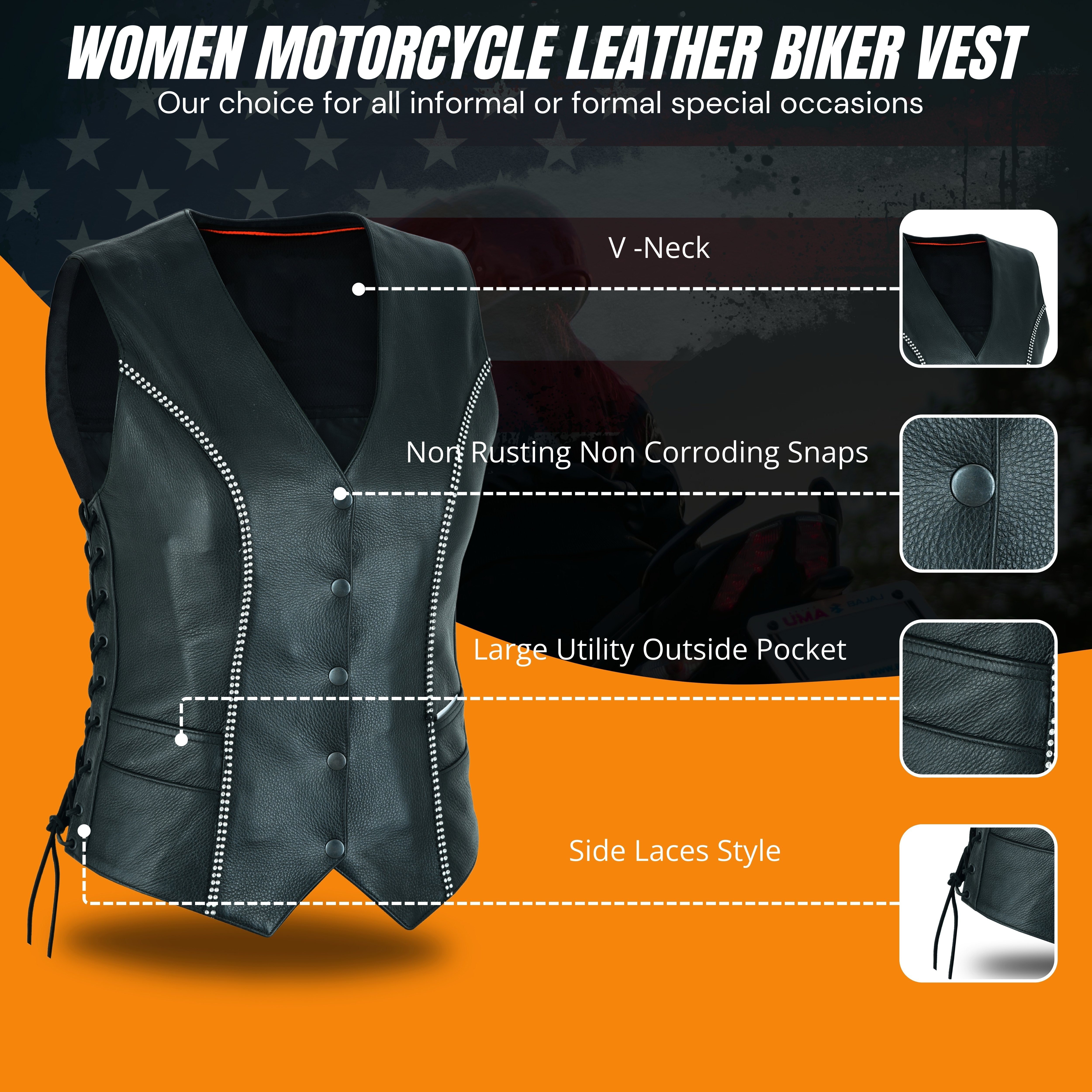 Women's Black Leather Motorcycle Bling Vest with Rhinestone Detailing – by Rexons