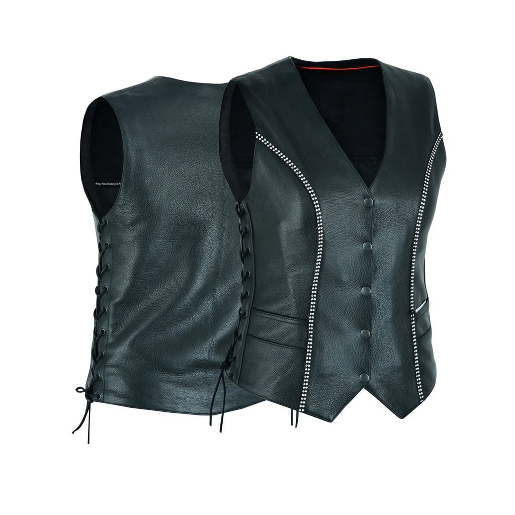 Women's Black Leather Motorcycle Bling Vest with Rhinestone Detailing – by Rexons