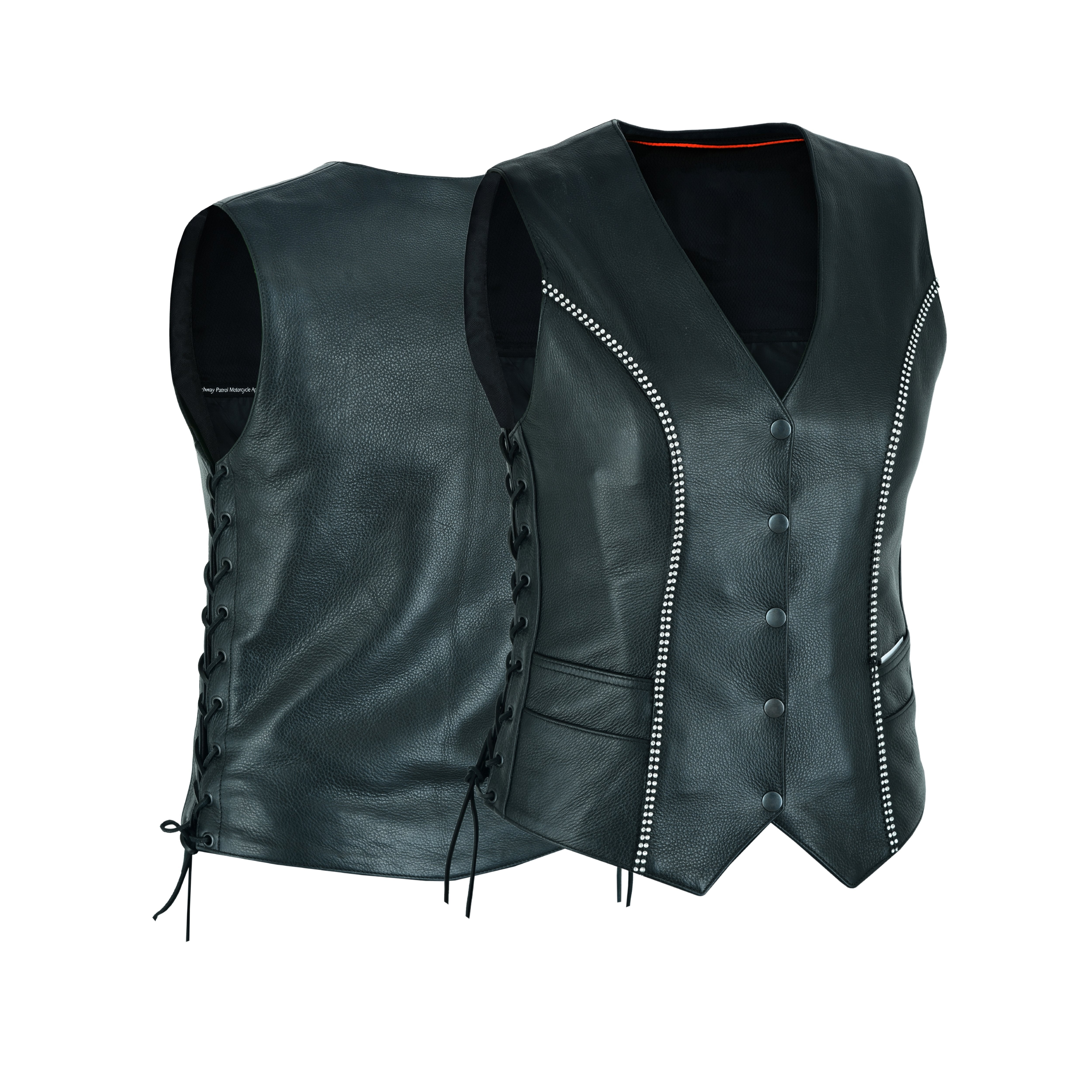 Women's Black Leather Motorcycle Bling Vest with Rhinestone Detailing – by Rexons