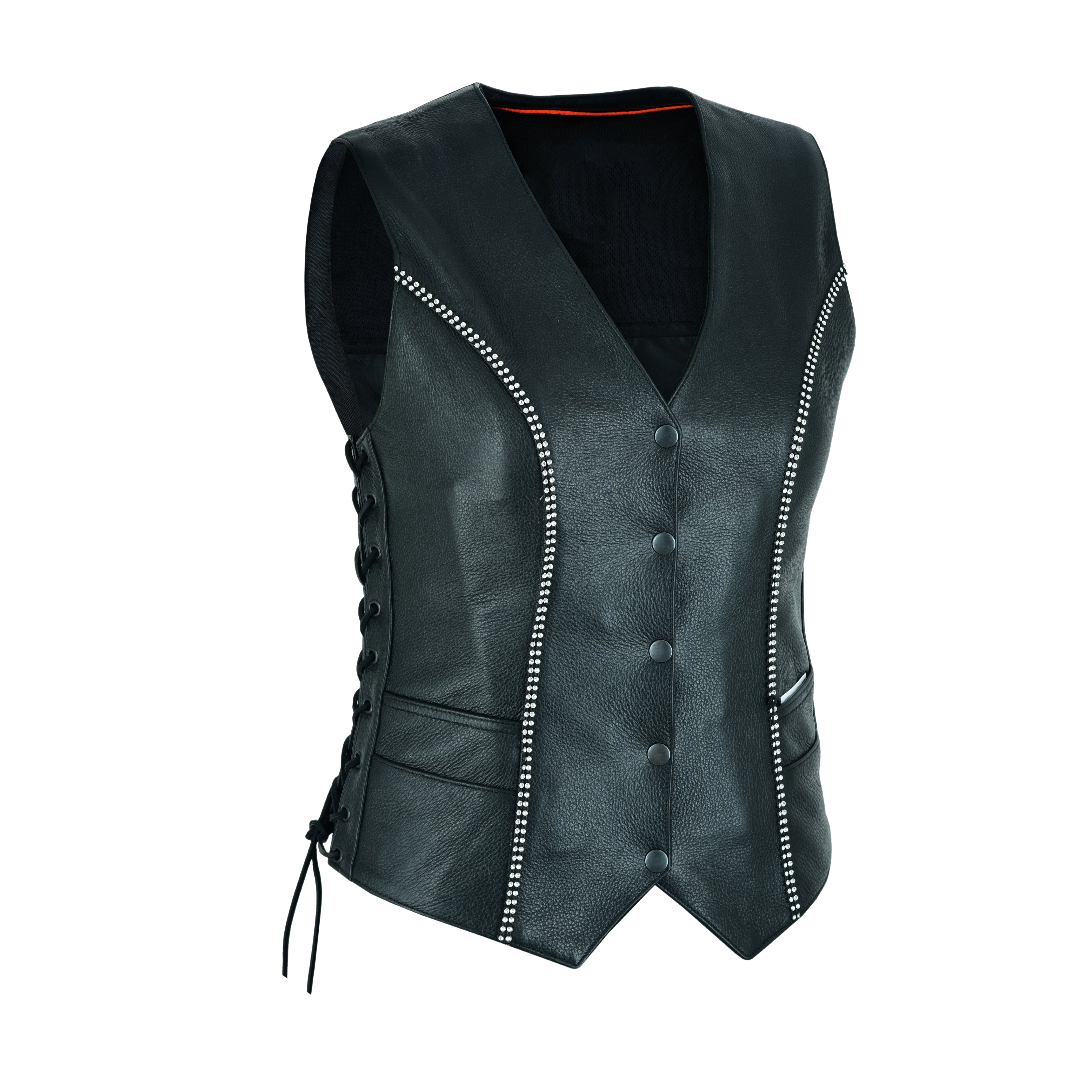 Women's Black Leather Motorcycle Bling Vest with Rhinestone Detailing – by Rexons