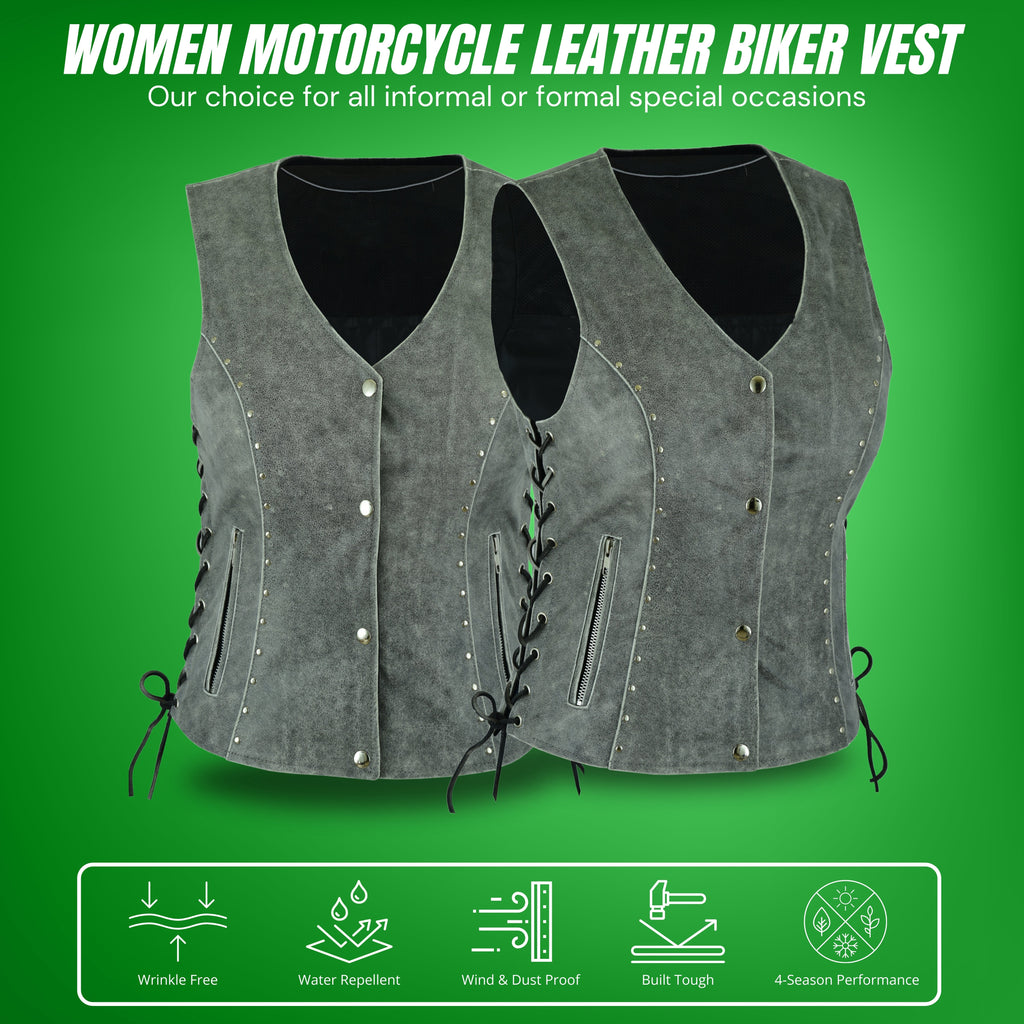 Women's Motorcycle Leather Vest – Side Laced Biker Riding Vest – Genuine Leather by Rexons