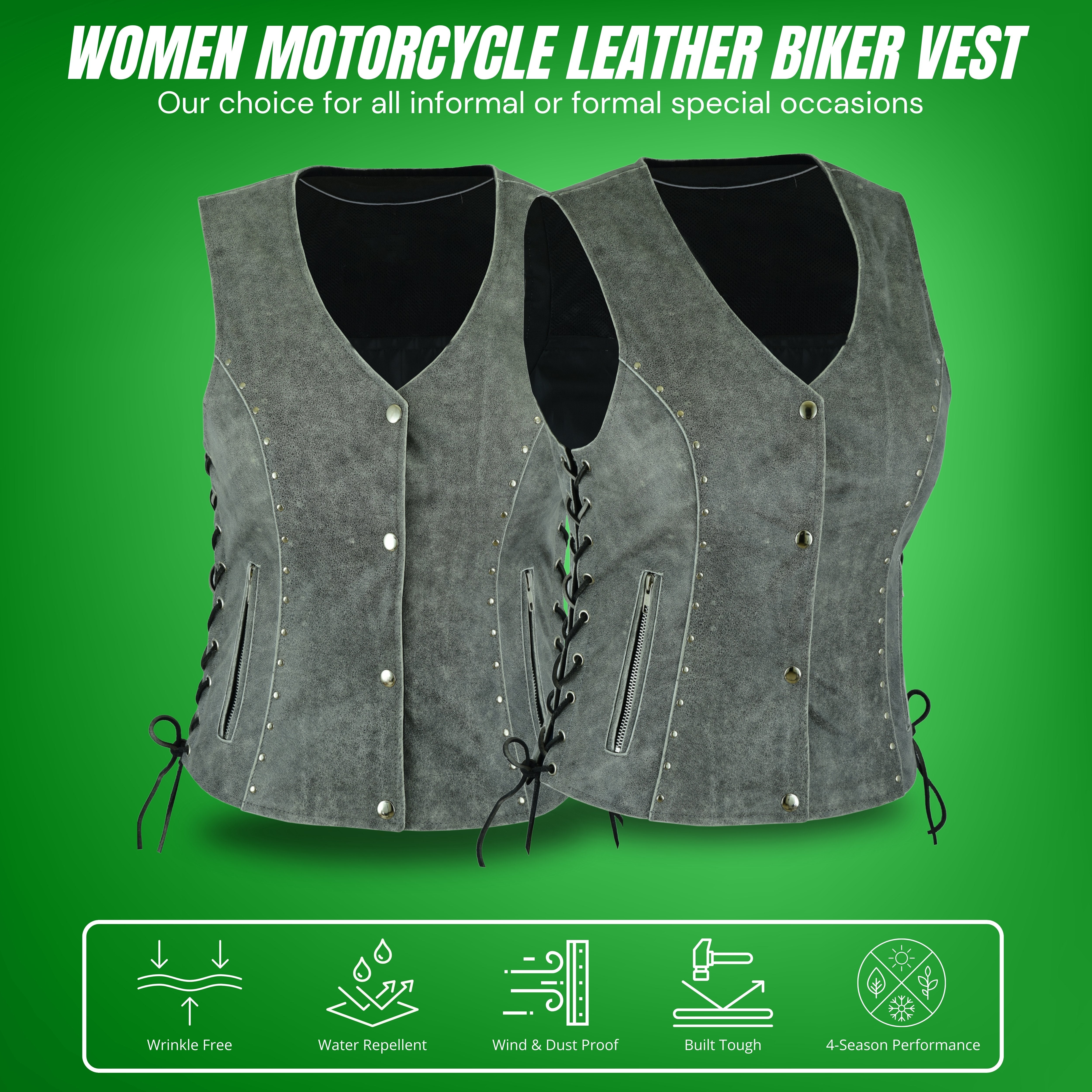 Women's Motorcycle Leather Vest – Side Laced Biker Riding Vest – Genuine Leather by Rexons