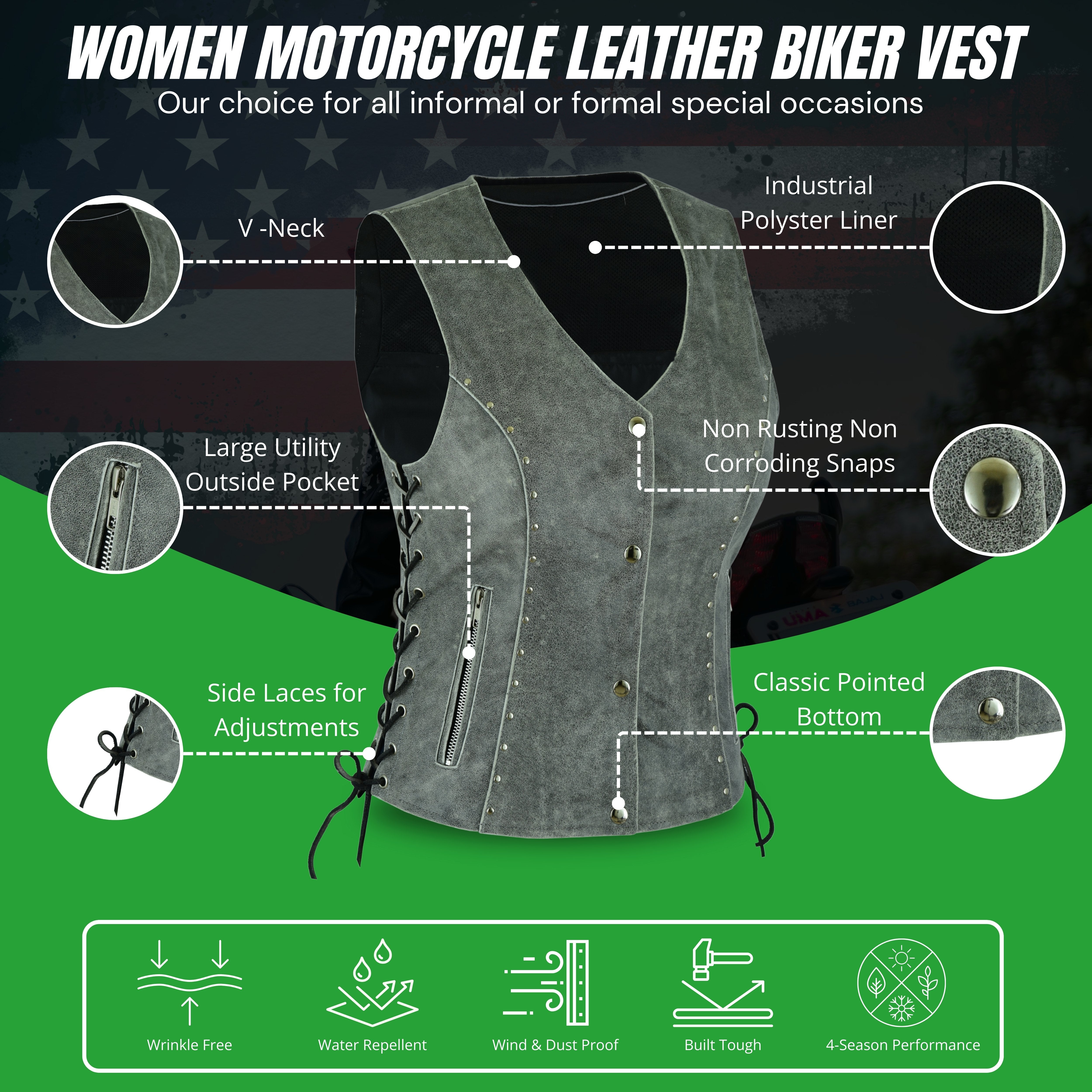 Women's Motorcycle Leather Vest – Side Laced Biker Riding Vest – Genuine Leather by Rexons