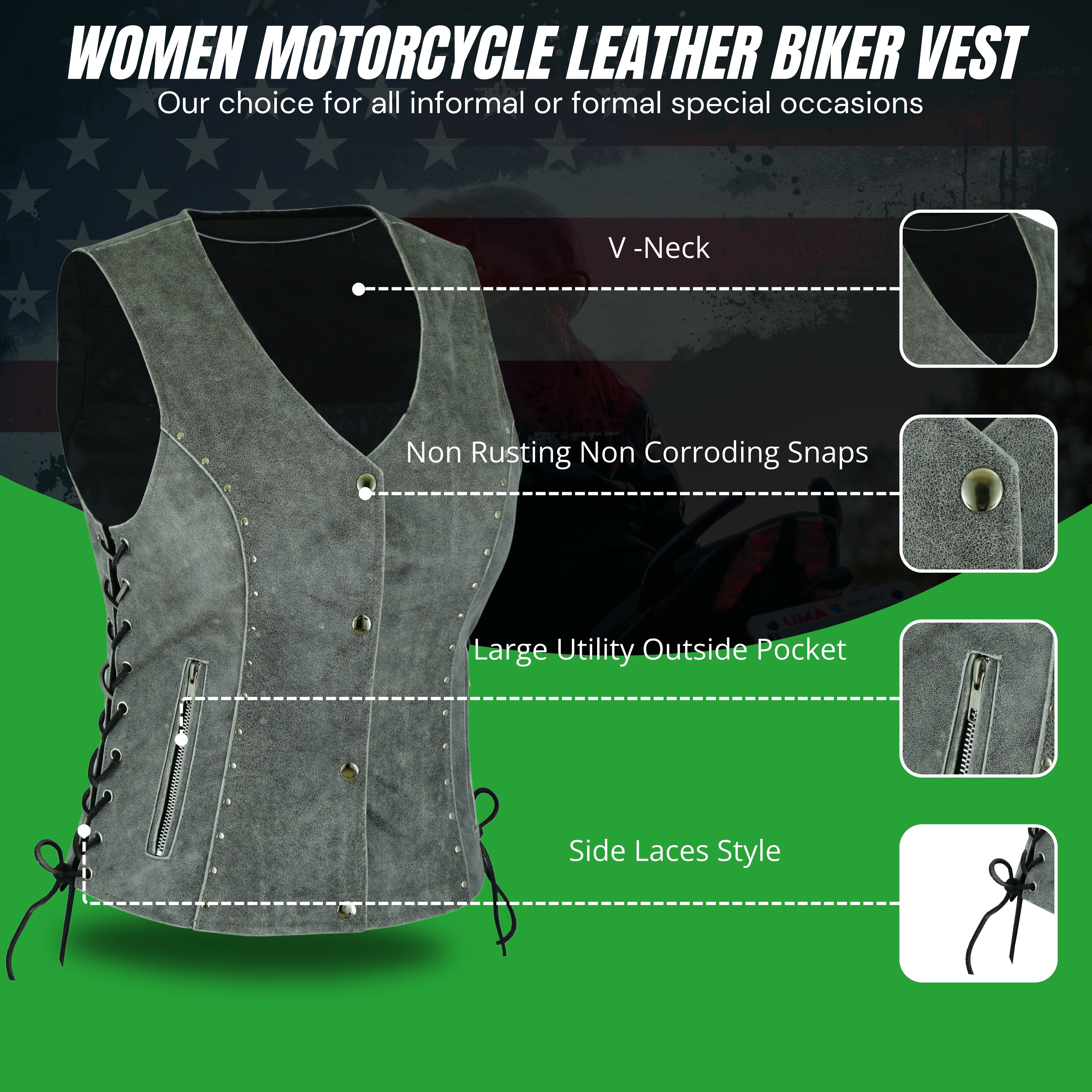 Women's Motorcycle Leather Vest – Side Laced Biker Riding Vest – Genuine Leather by Rexons