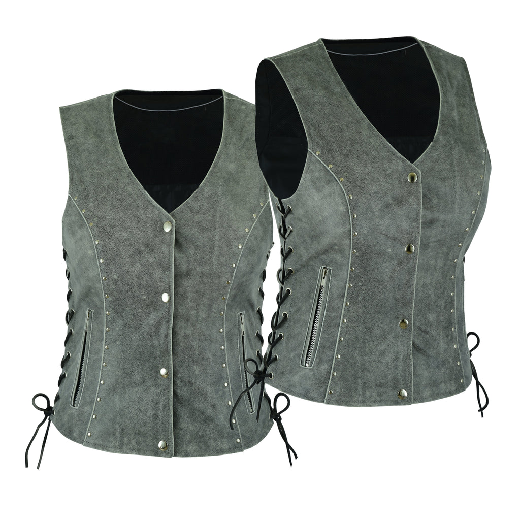 Women's Motorcycle Leather Vest – Side Laced Biker Riding Vest – Genuine Leather by Rexons