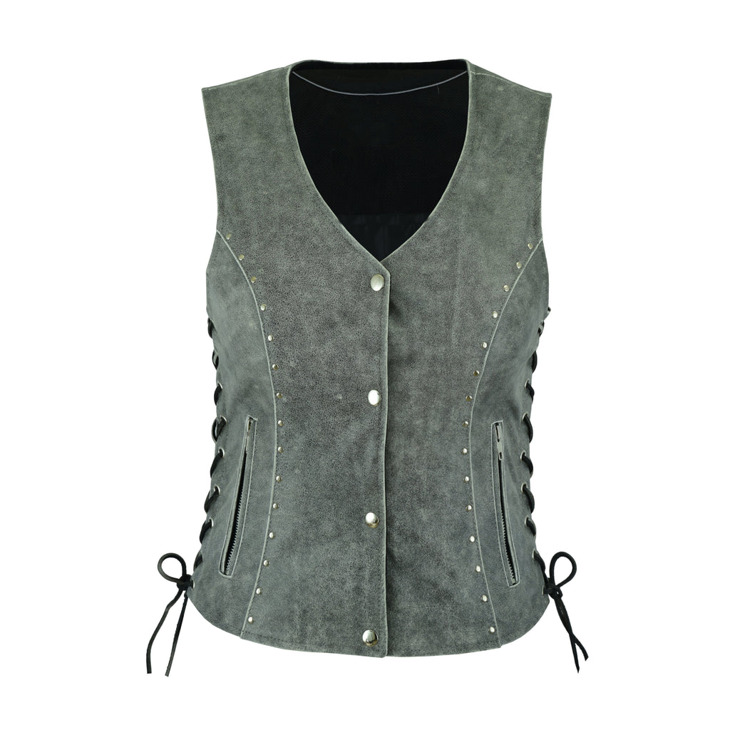 Women's Motorcycle Leather Vest – Side Laced Biker Riding Vest – Genuine Leather by Rexons
