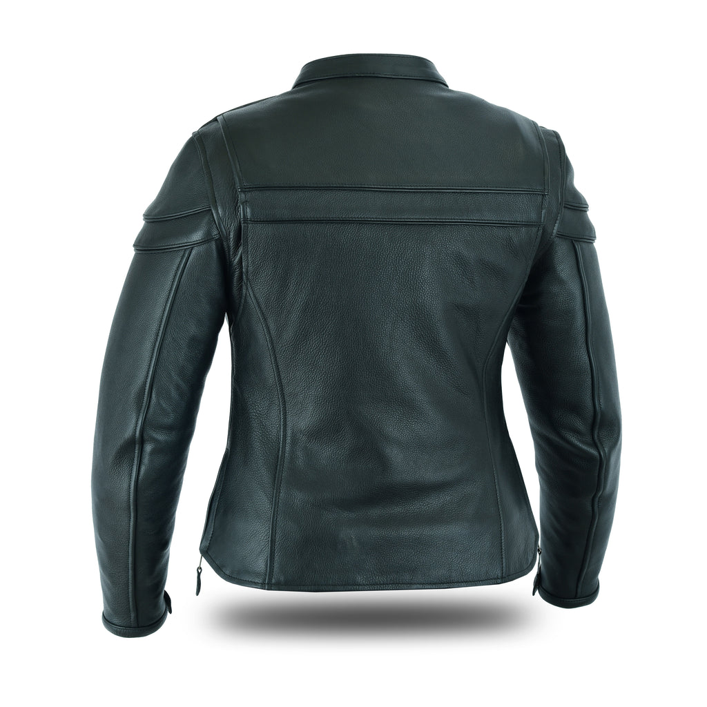 Women’s Full-Length Motorcycle Leather Jacket – Side Lace Design with Pocket