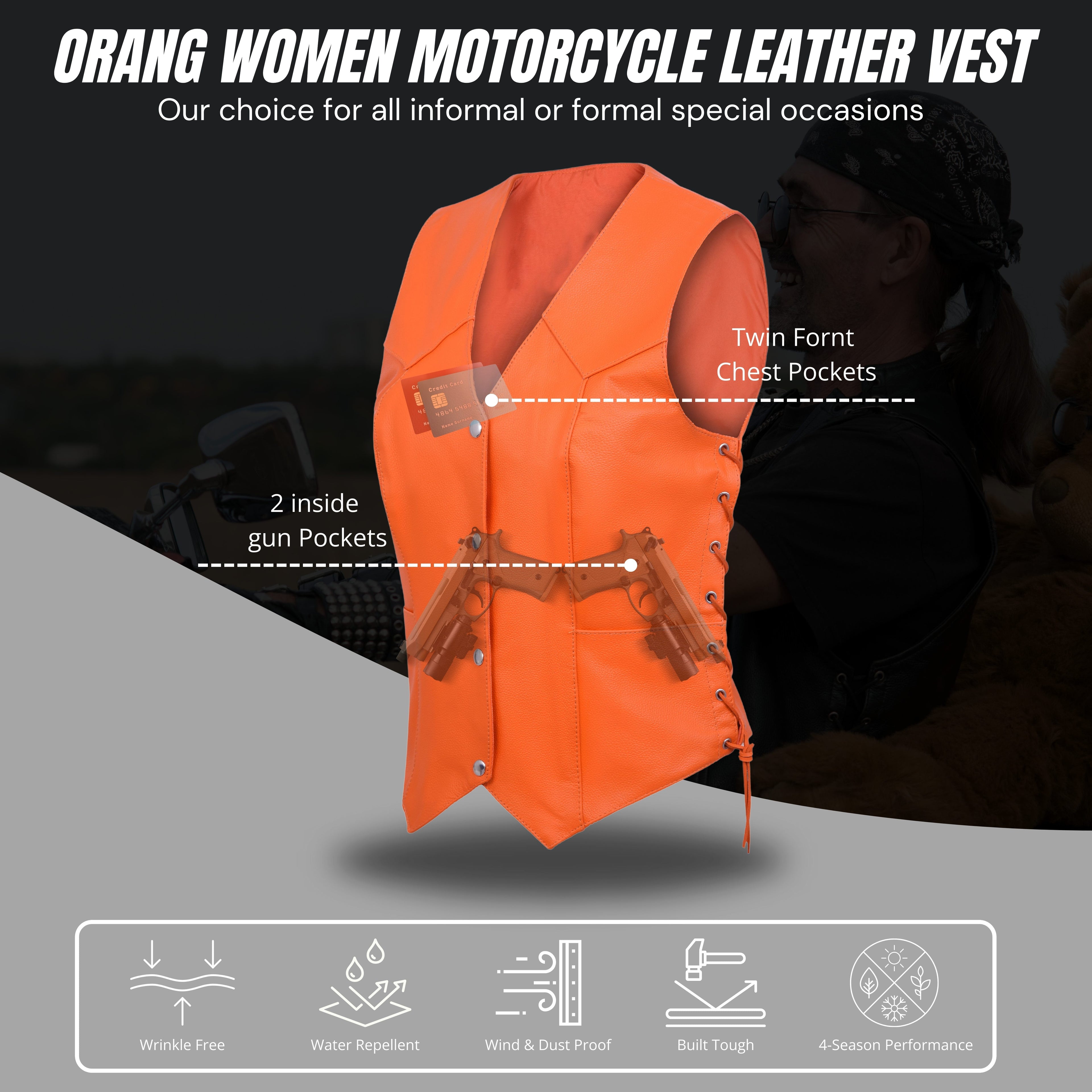 Damen Biker Motorradweste aus Orange Echtleder mit verdecktem Tragen – Club Style von Rexons