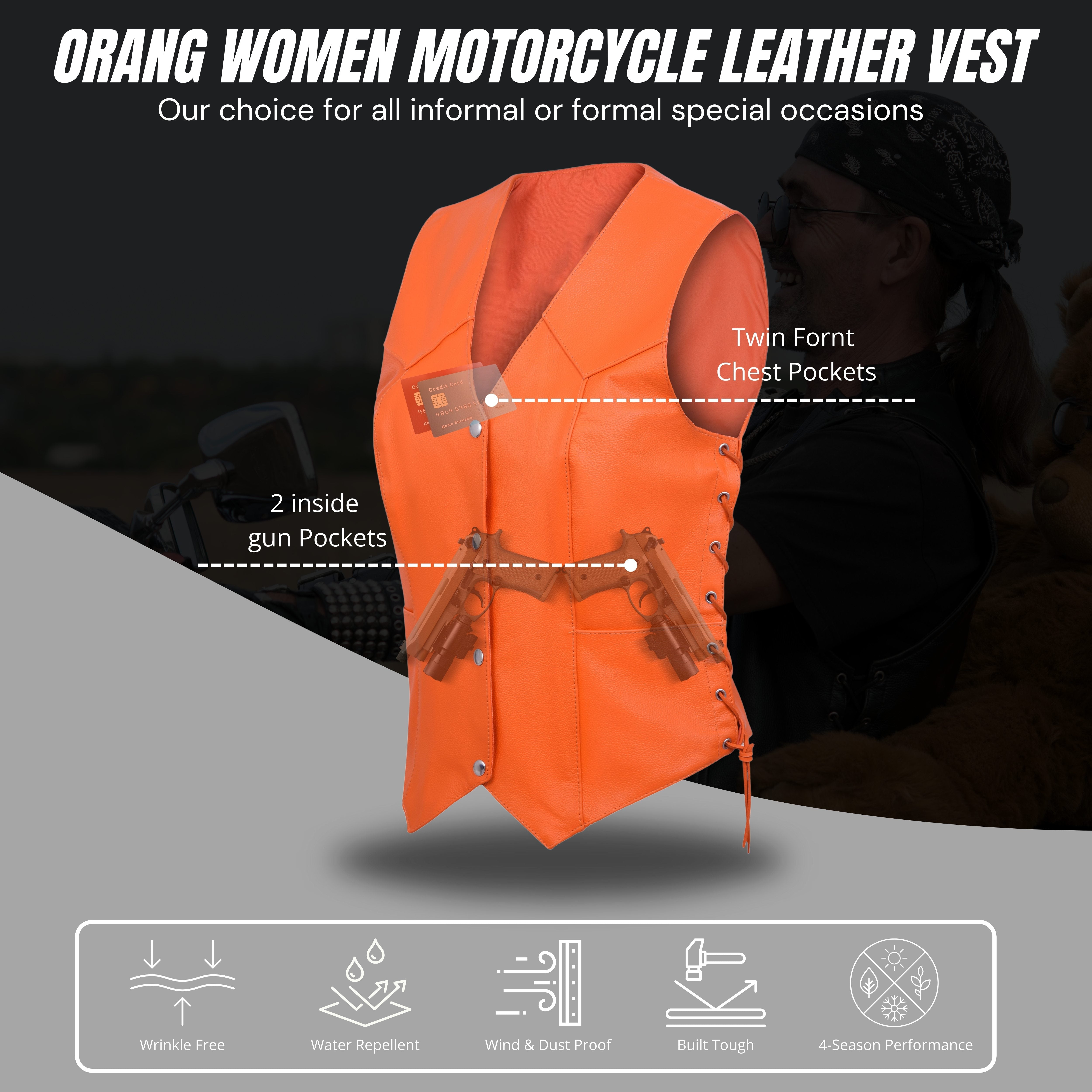 Damen Biker Motorradweste aus Orange Echtleder mit verdecktem Tragen – Club Style von Rexons