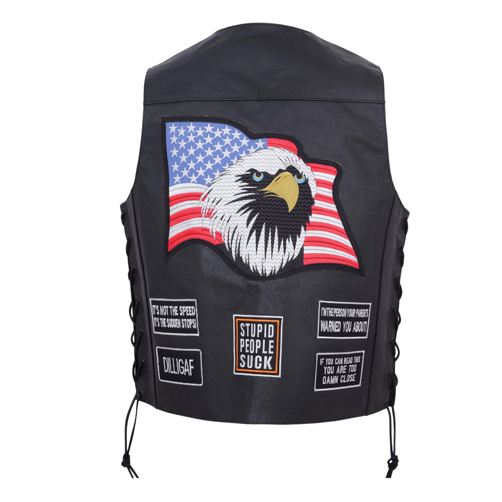 Men’s Motorcycle Leather Vest – USA Flag & American Eagle Design – Premium Biker Club Cut with Concealed Gun Pocket