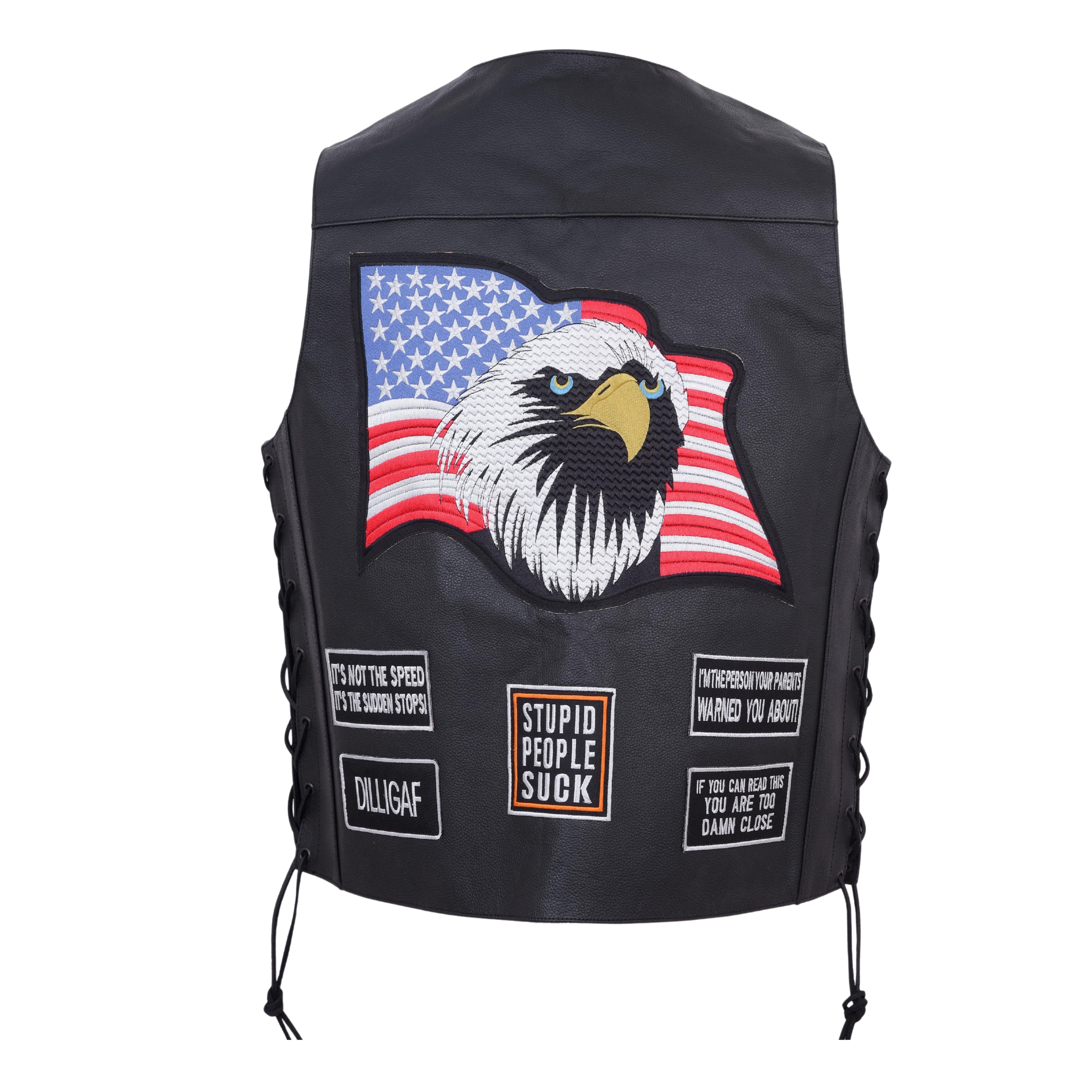 Men’s Motorcycle Leather Vest – USA Flag & American Eagle Design – Premium Biker Club Cut with Concealed Gun Pocket