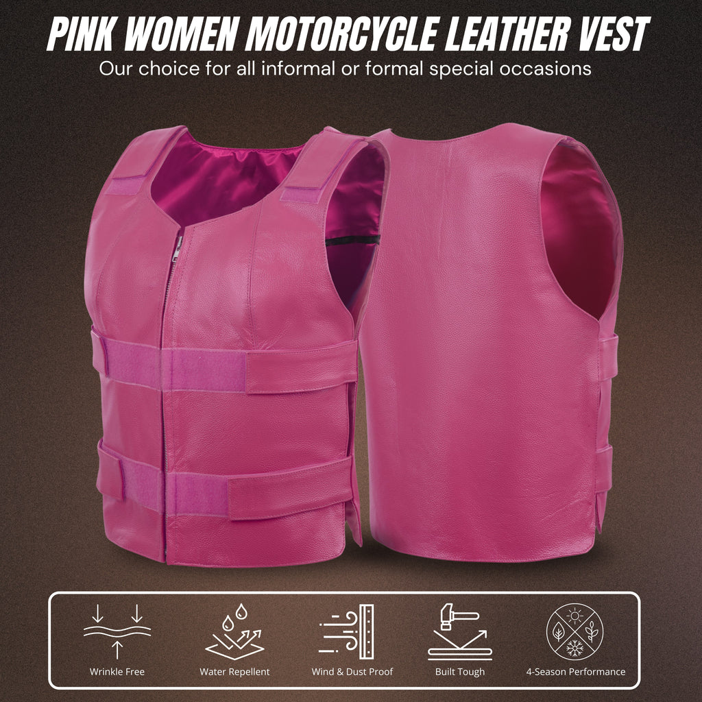 Hot Pink Women’s Leather Vest – Bulletproof Style Biker Club Gear by Rexons