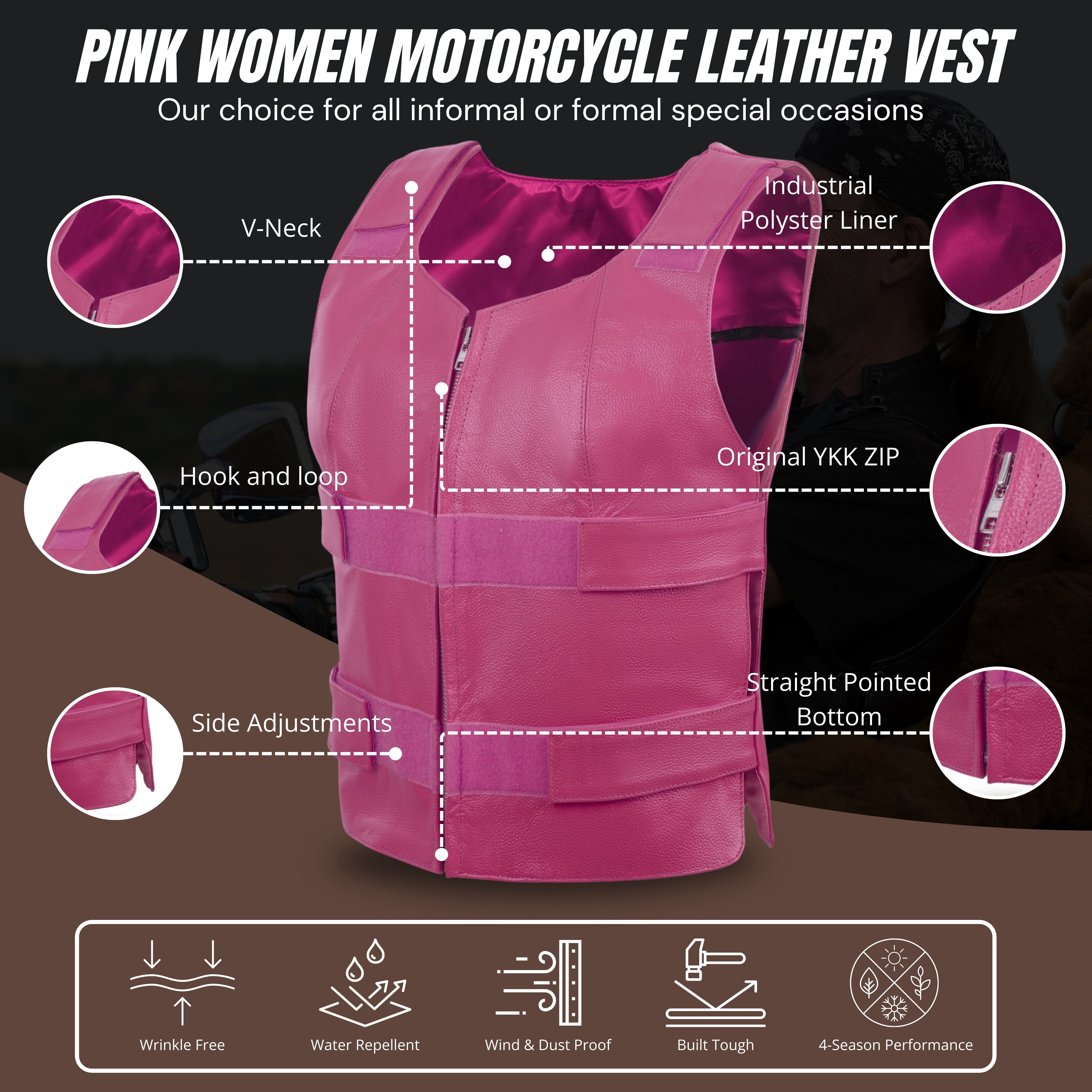 Hot Pink Women’s Leather Vest – Bulletproof Style Biker Club Gear by Rexons