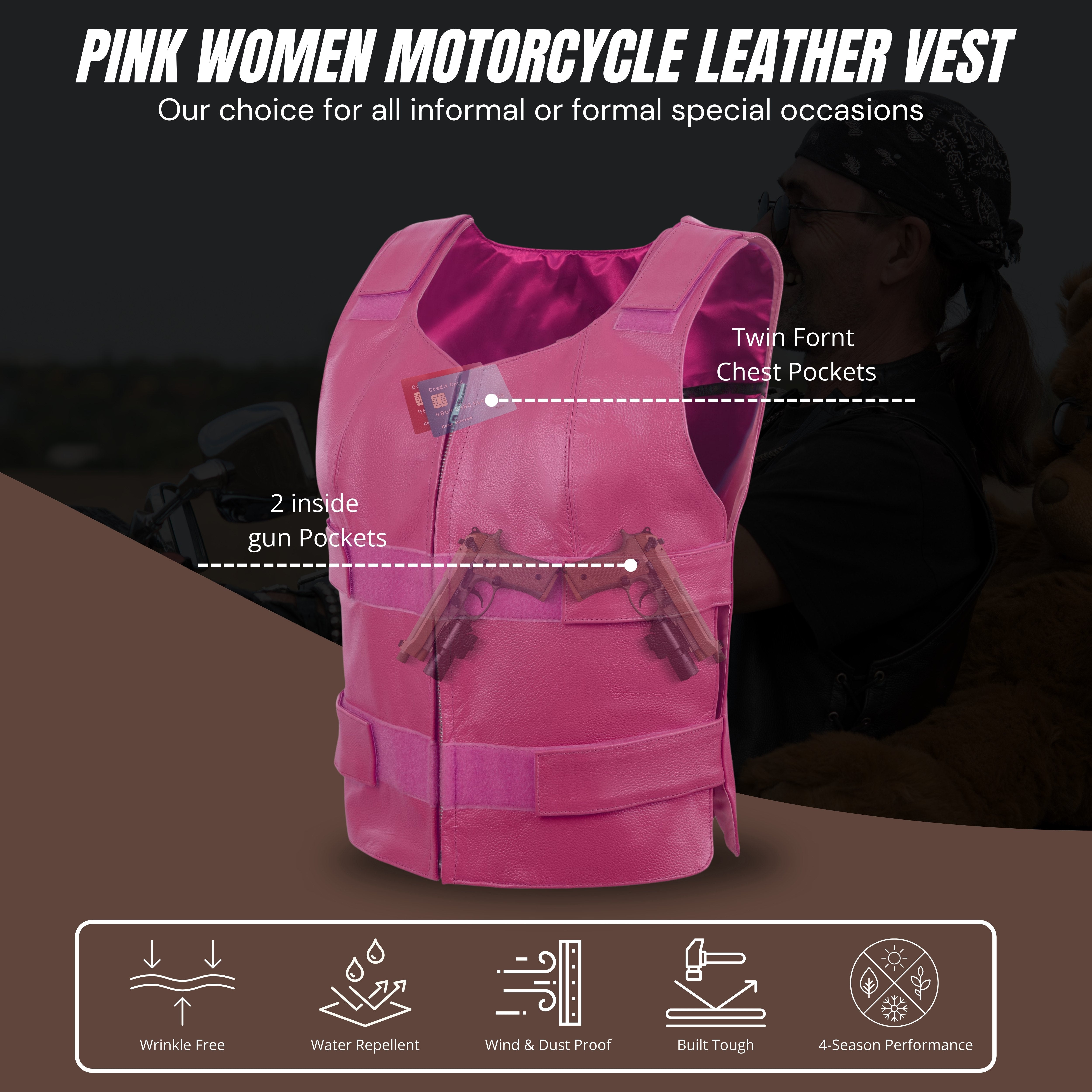 Hot Pink Women’s Leather Vest – Bulletproof Style Biker Club Gear by Rexons