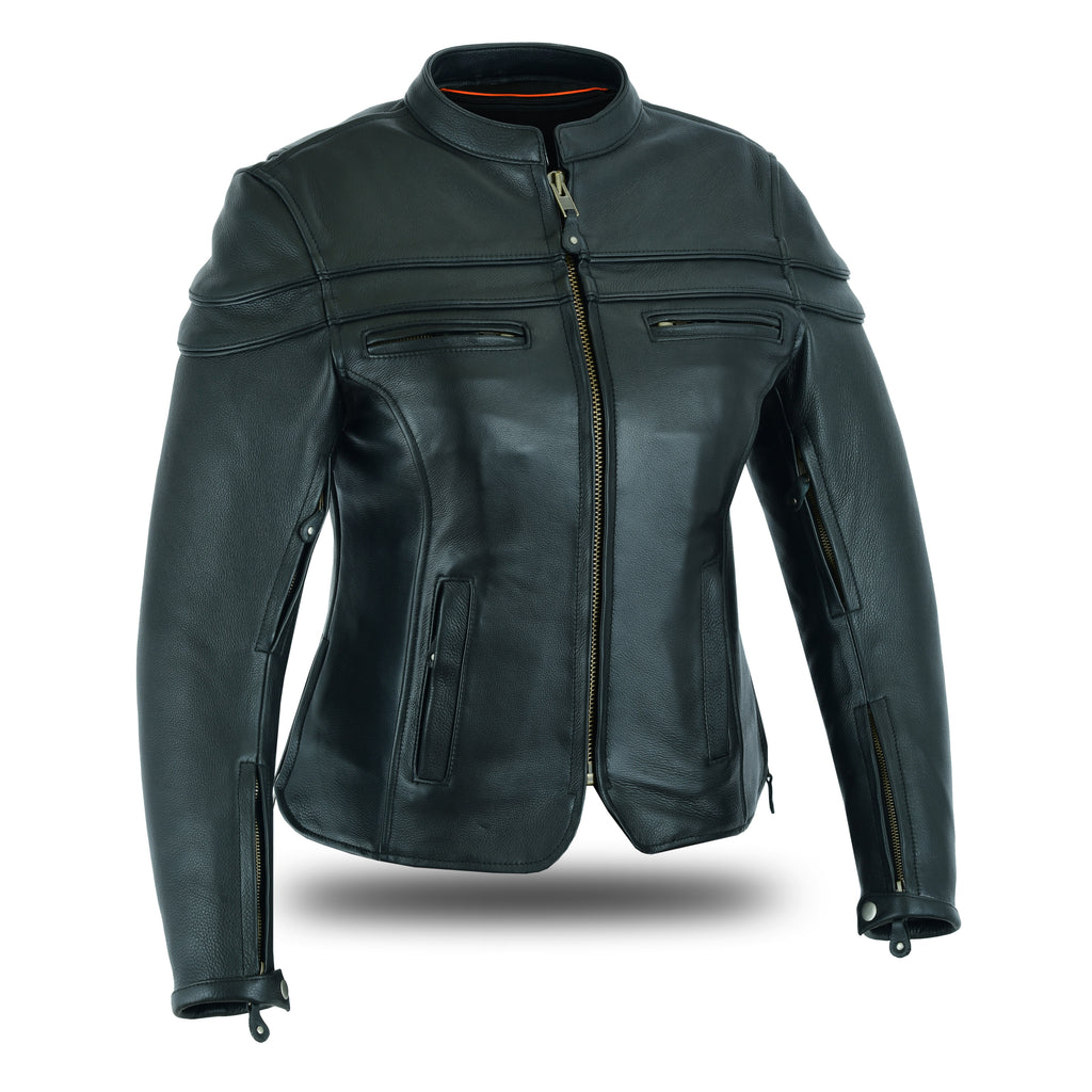 Women’s Full-Length Motorcycle Leather Jacket – Side Lace Design with Pocket