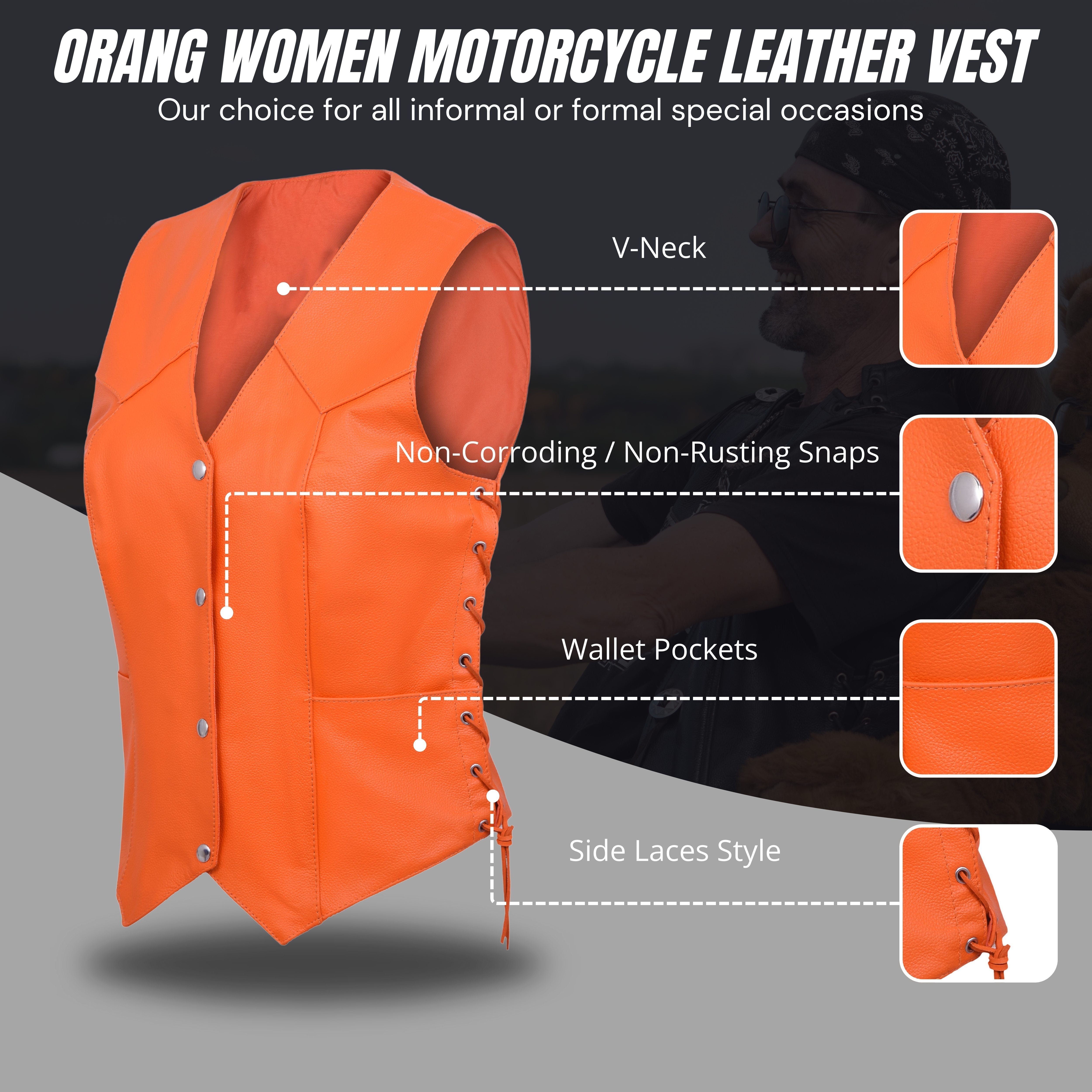 Damen Biker Motorradweste aus Orange Echtleder mit verdecktem Tragen – Club Style von Rexons