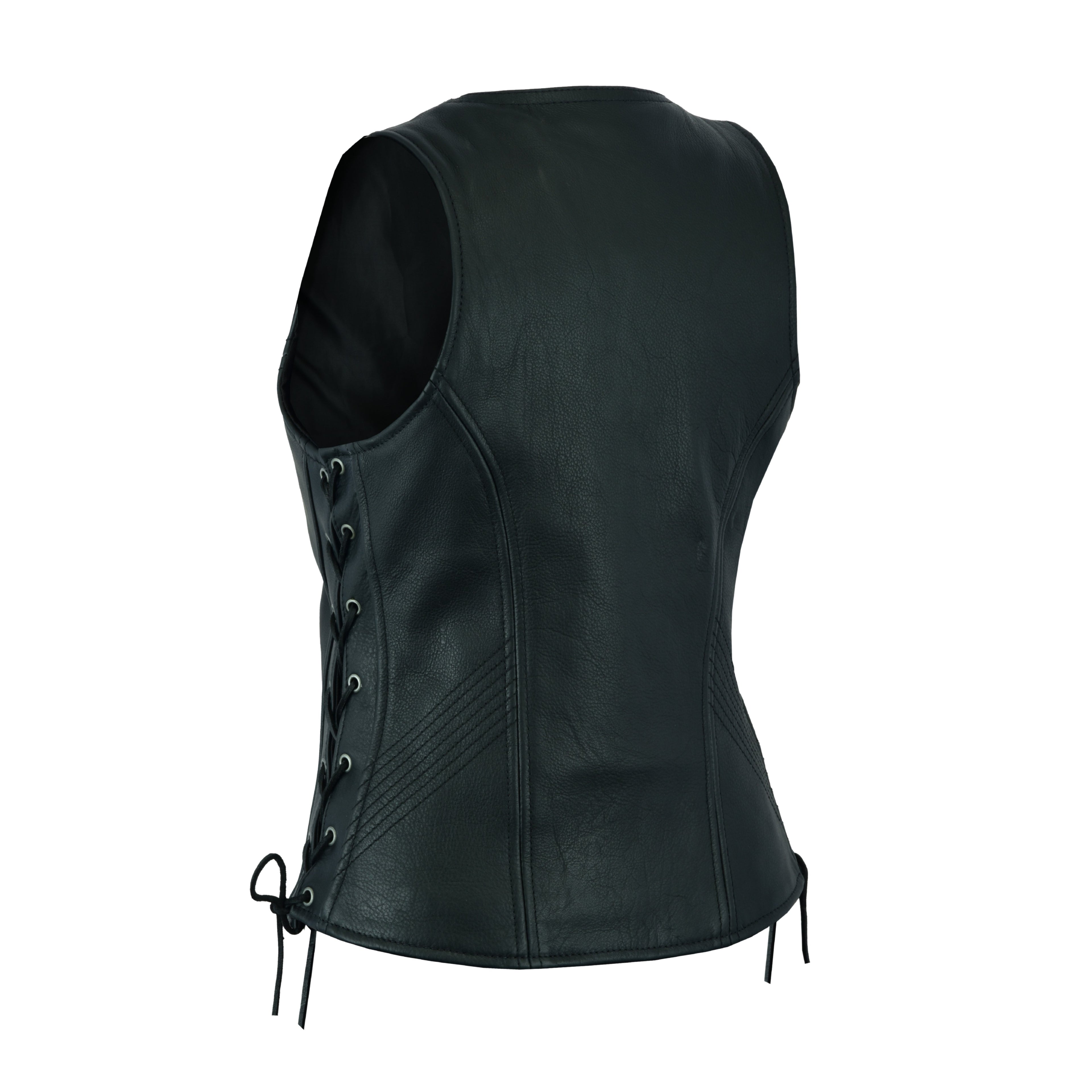 Women’s Black ‘Open Neck’ Motorcycle Leather Vest with Side Laces – Premium Biker Gear by Rexons