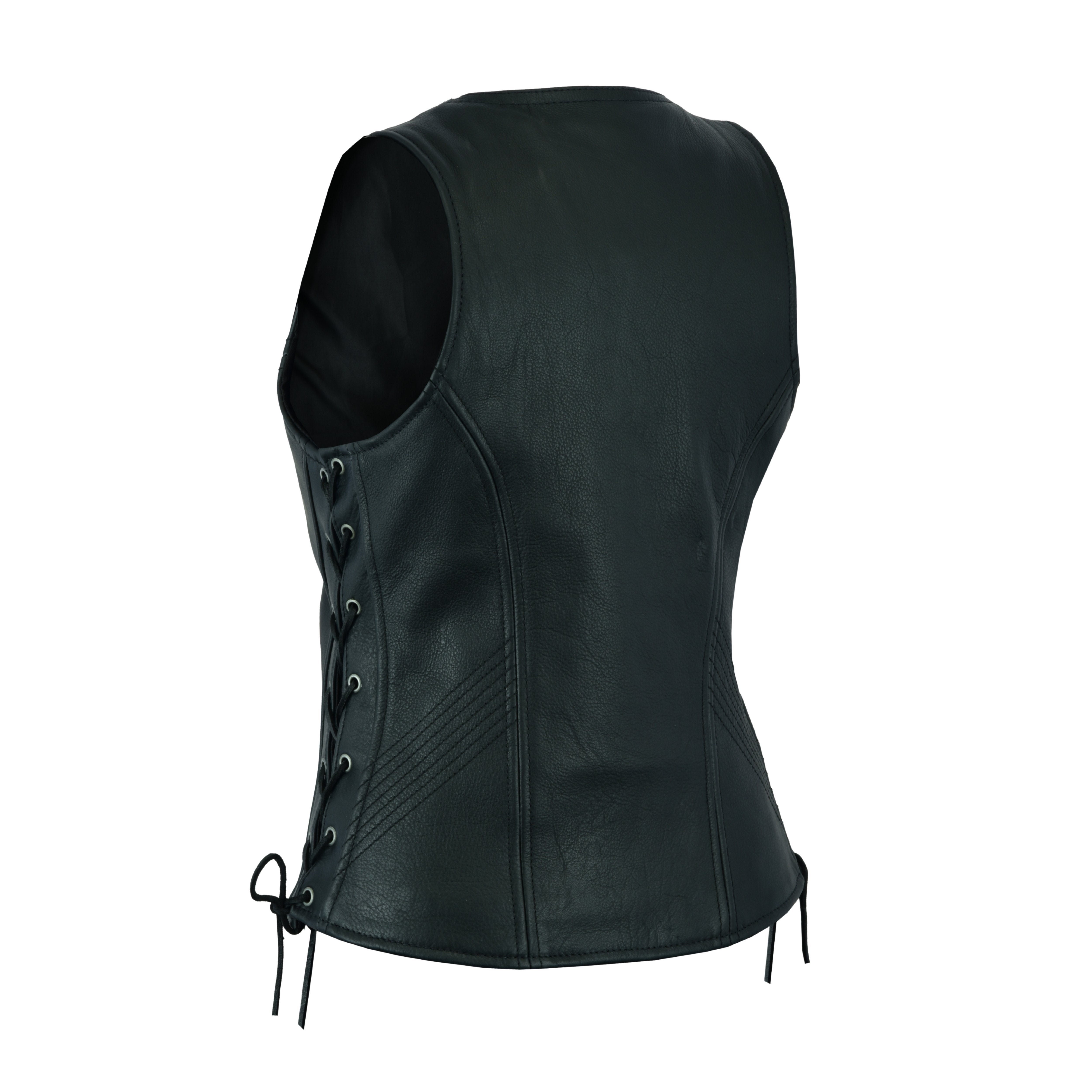 Women’s Black ‘Open Neck’ Motorcycle Leather Vest with Side Laces – Premium Biker Gear by Rexons