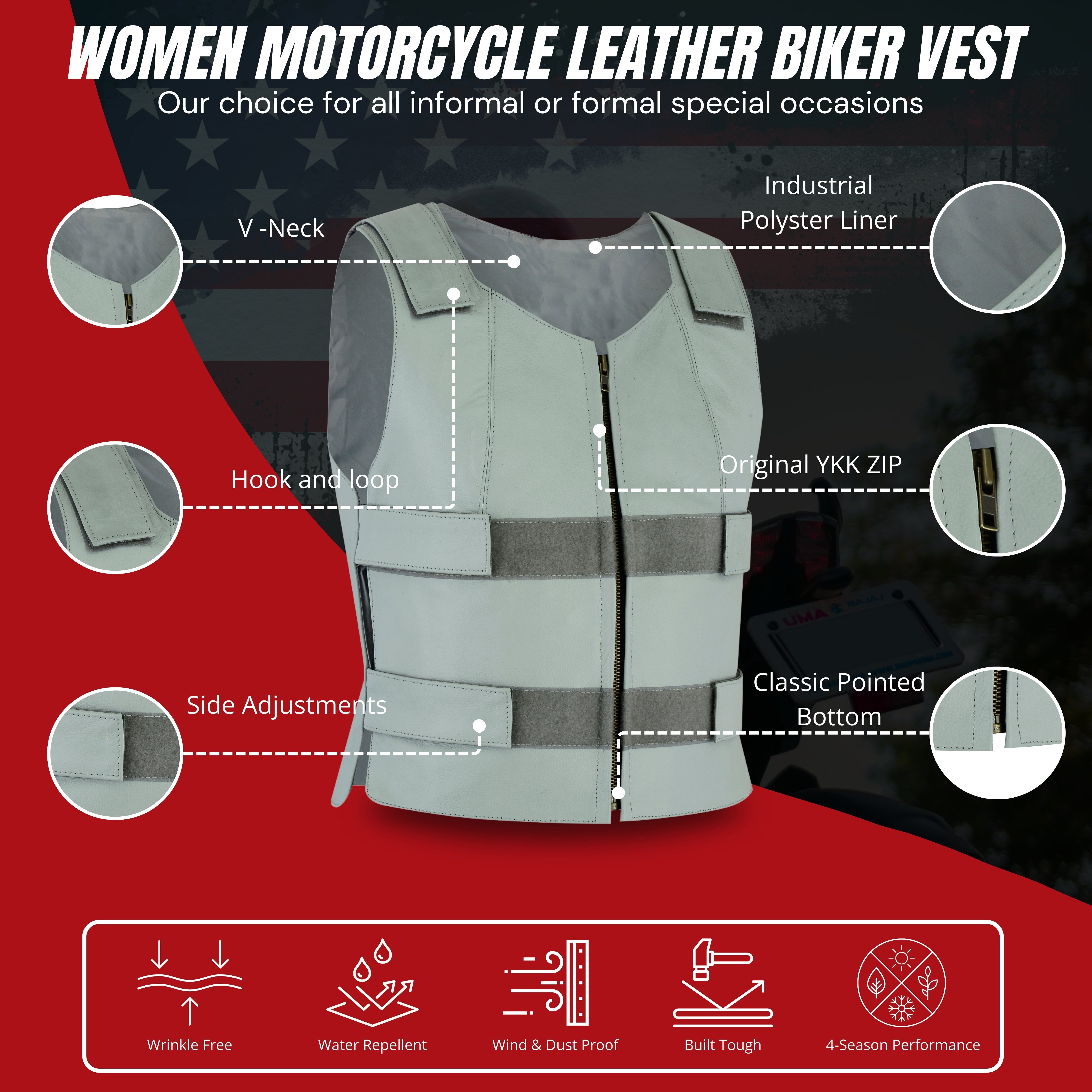 Women’s White Bulletproof Style Leather Vest – Club Riding Gear by Rexons