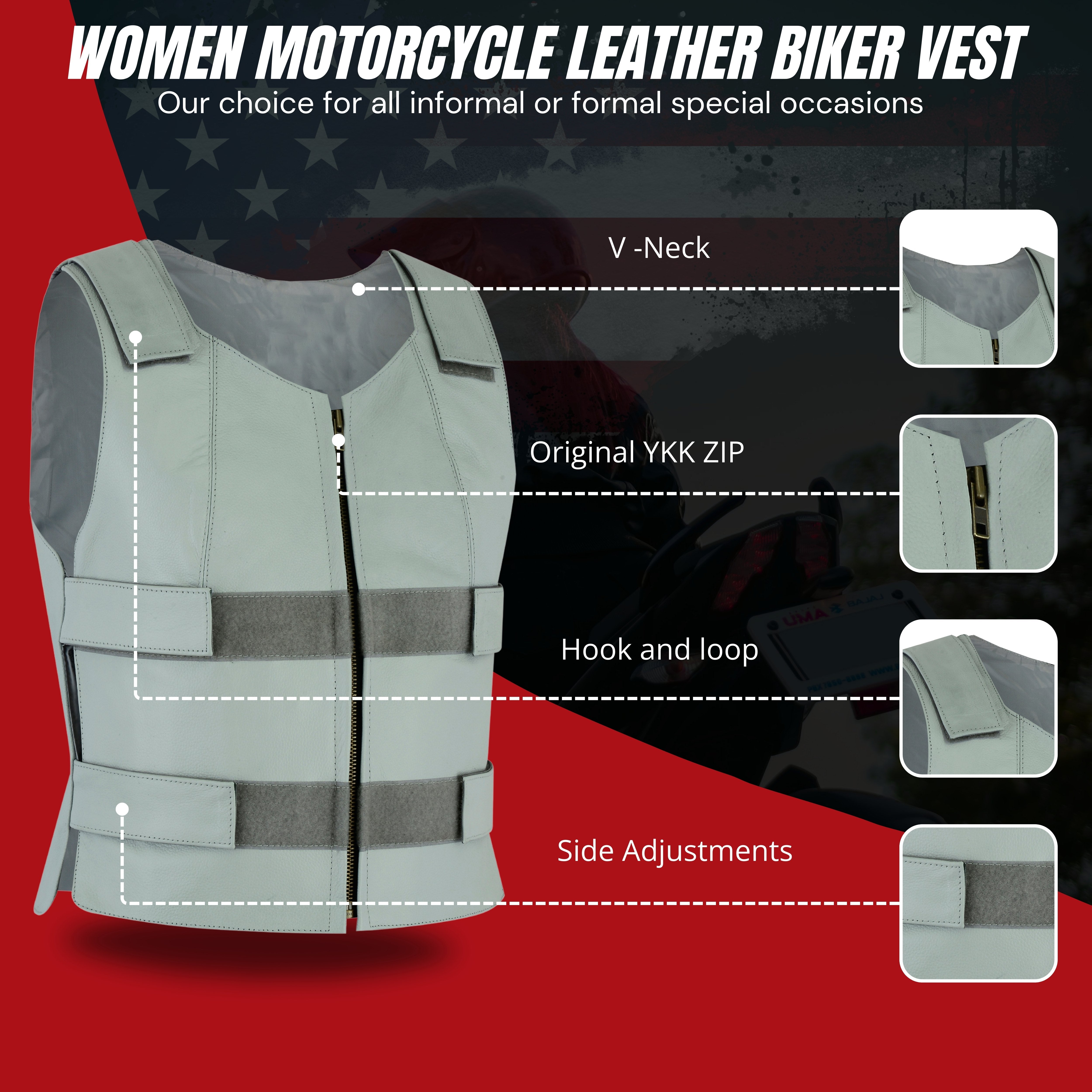 Women’s White Bulletproof Style Leather Vest – Club Riding Gear by Rexons