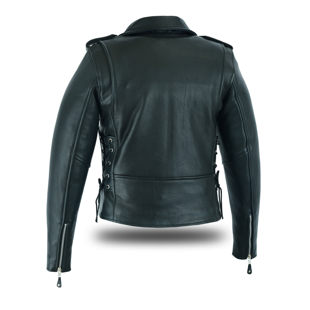 Women’s Full-Length Motorcycle Leather Jacket – Side Lace Design with Front Ammo Pocket