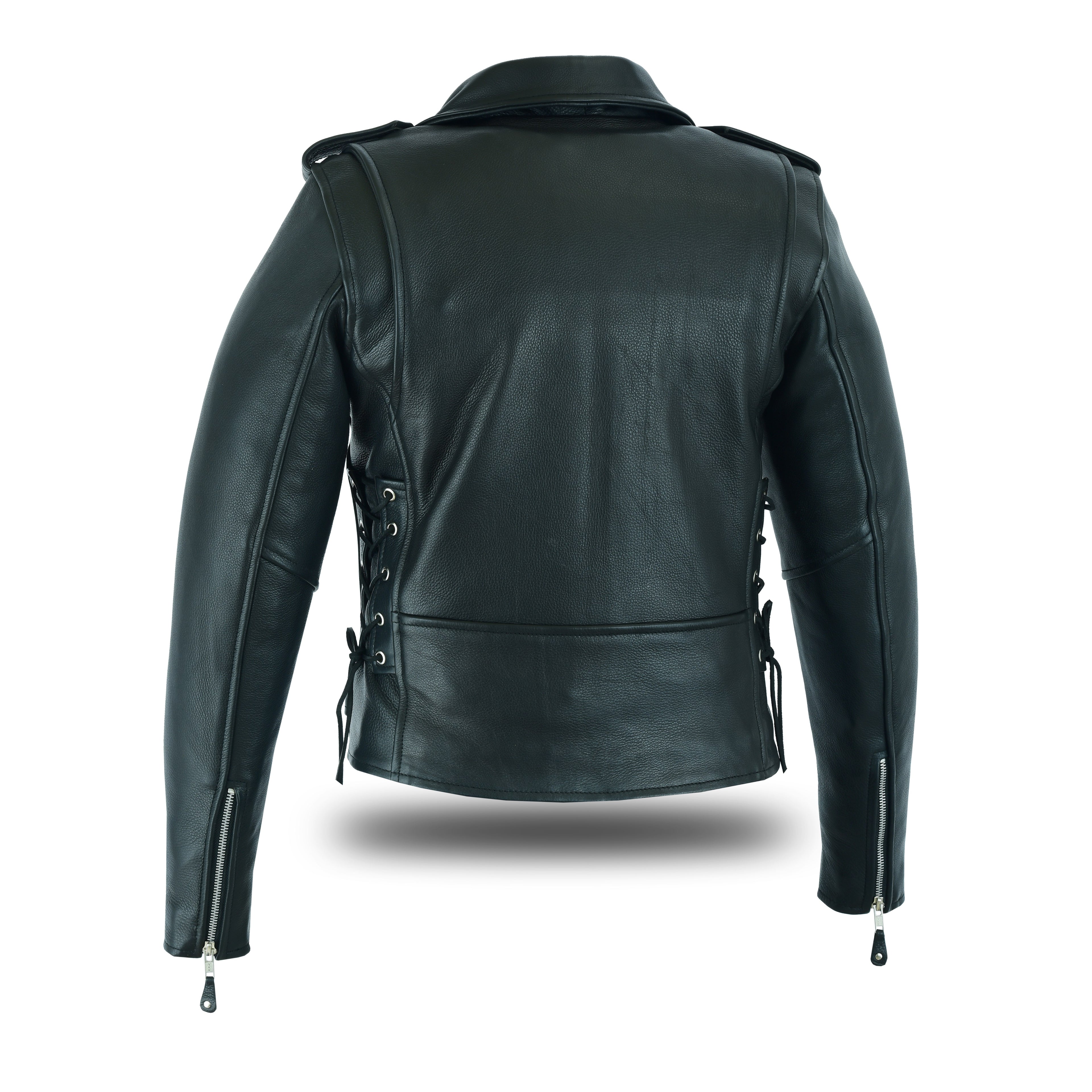 Women’s Full-Length Motorcycle Leather Jacket – Side Lace Design with Front Ammo Pocket