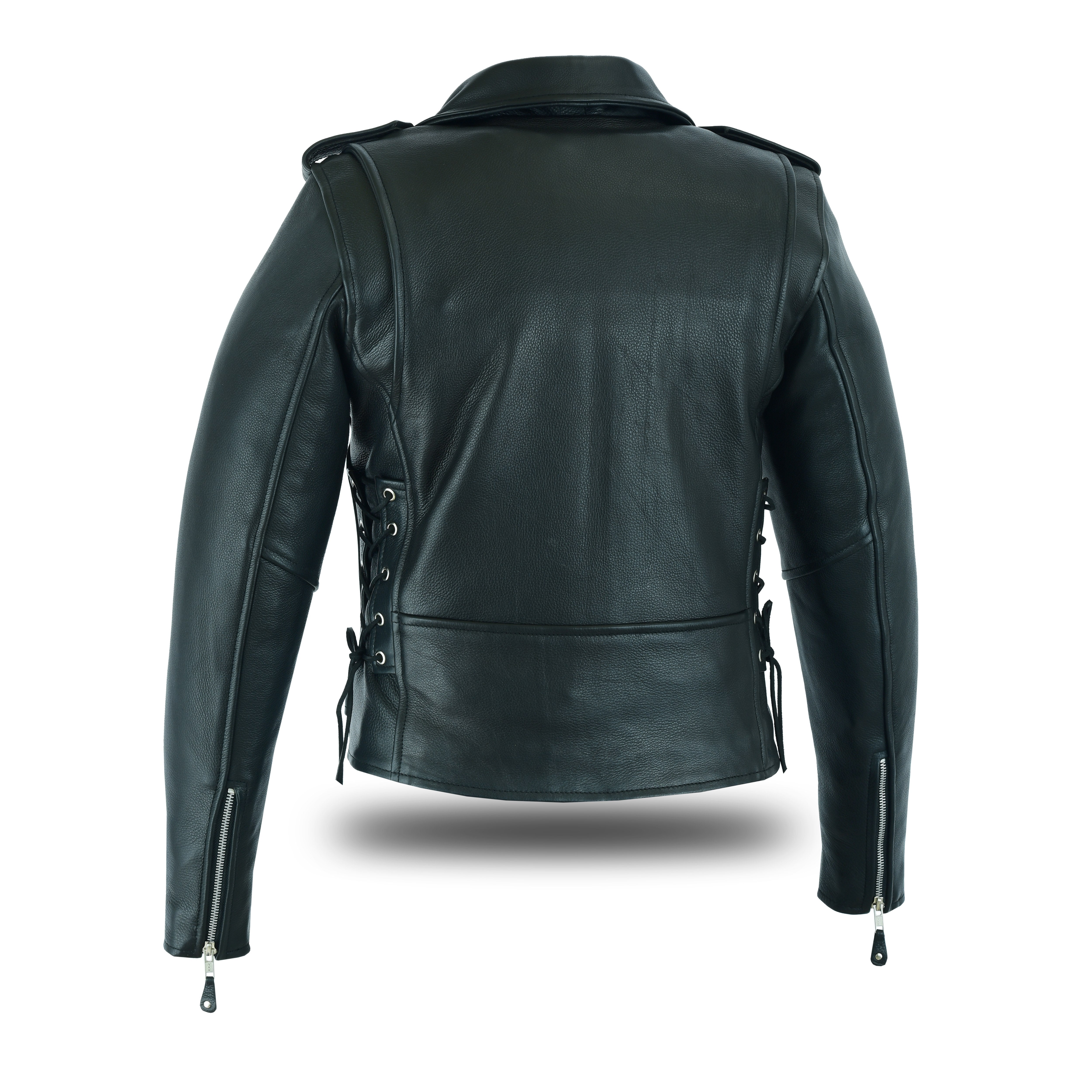 Women’s Full-Length Motorcycle Leather Jacket – Side Lace Design with Front Ammo Pocket