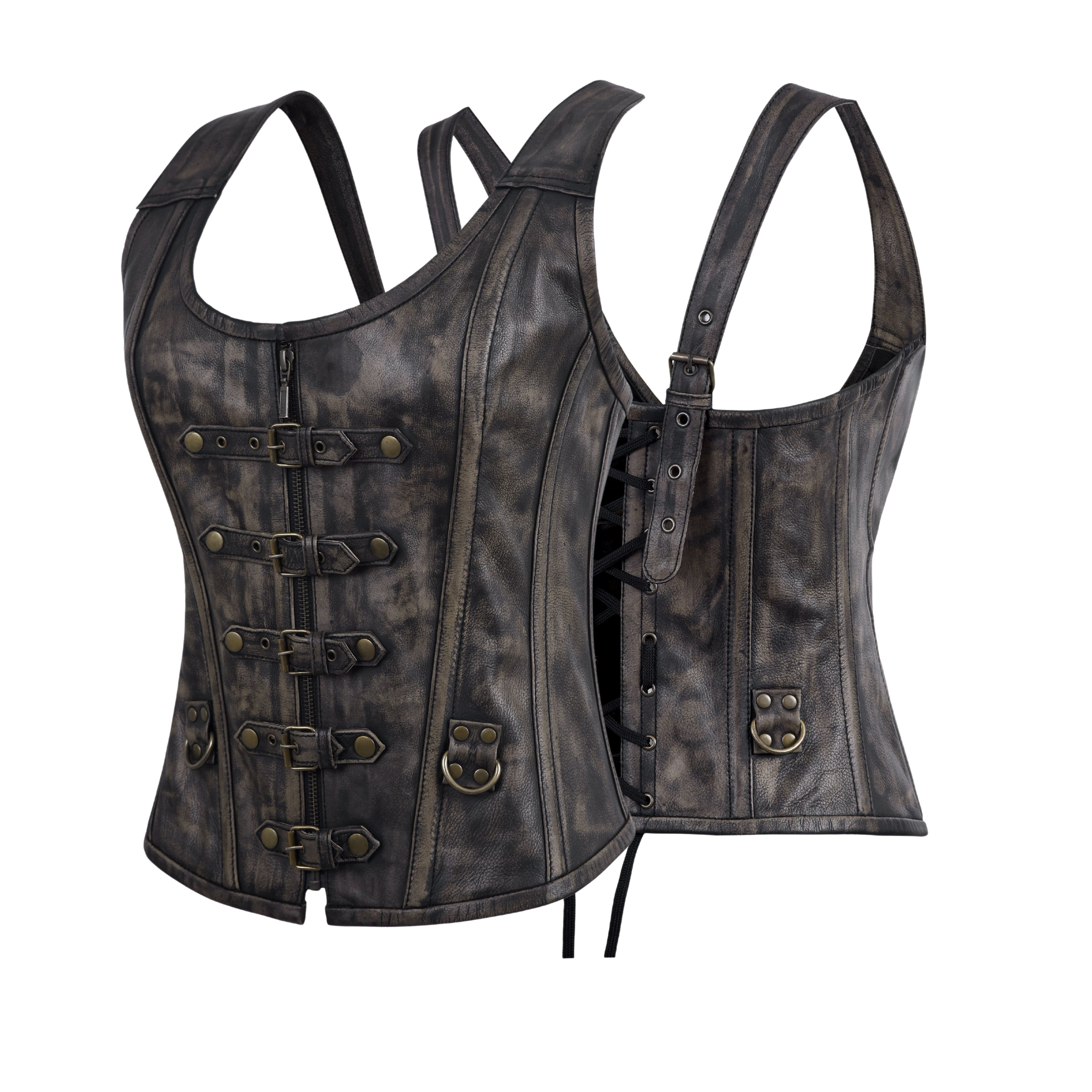 Women’s Leather Corselet Bustier – Shoulder Strap, Zipper & Buckle Overbust Body Shaper by Rexons