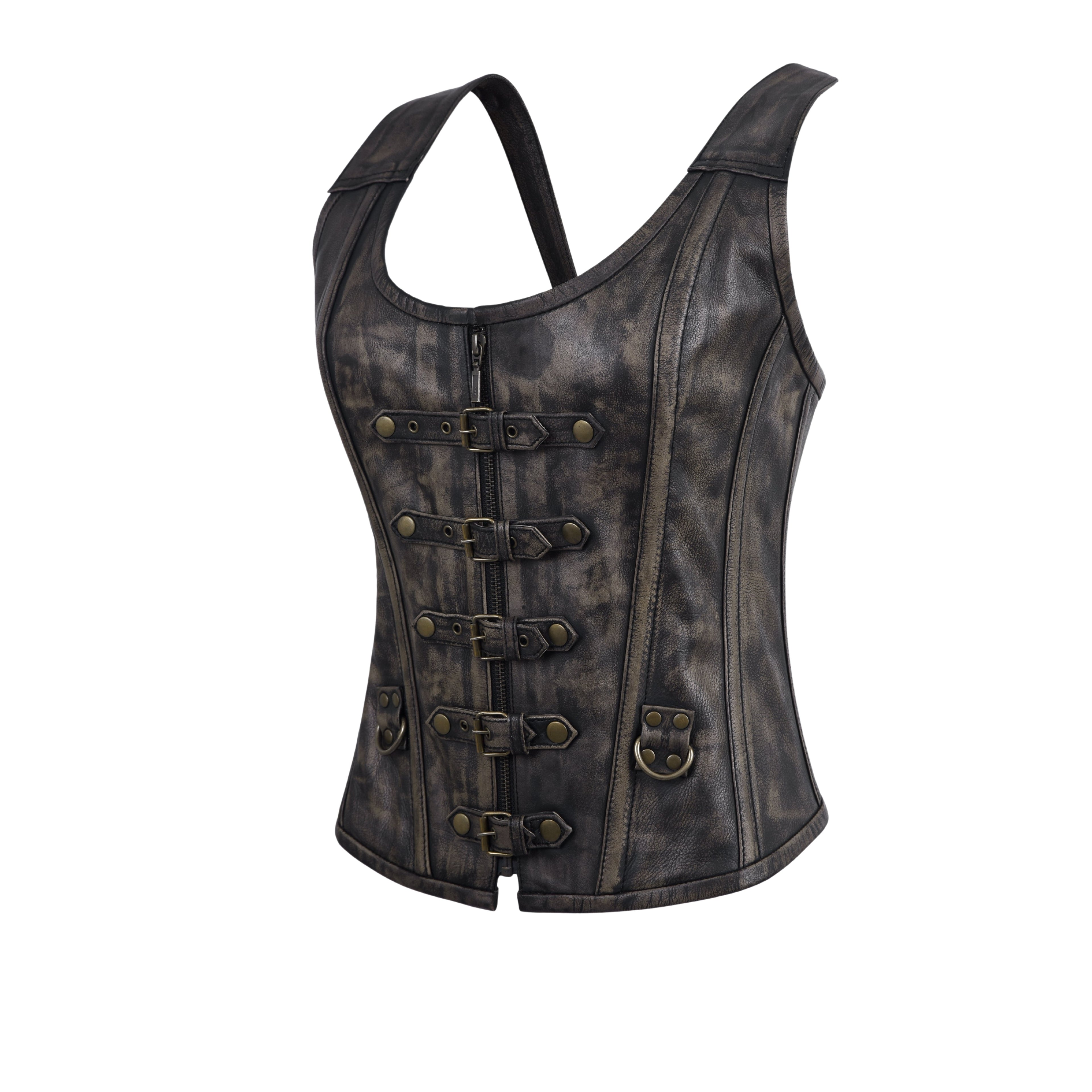 Women’s Leather Corselet Bustier – Shoulder Strap, Zipper & Buckle Overbust Body Shaper by Rexons