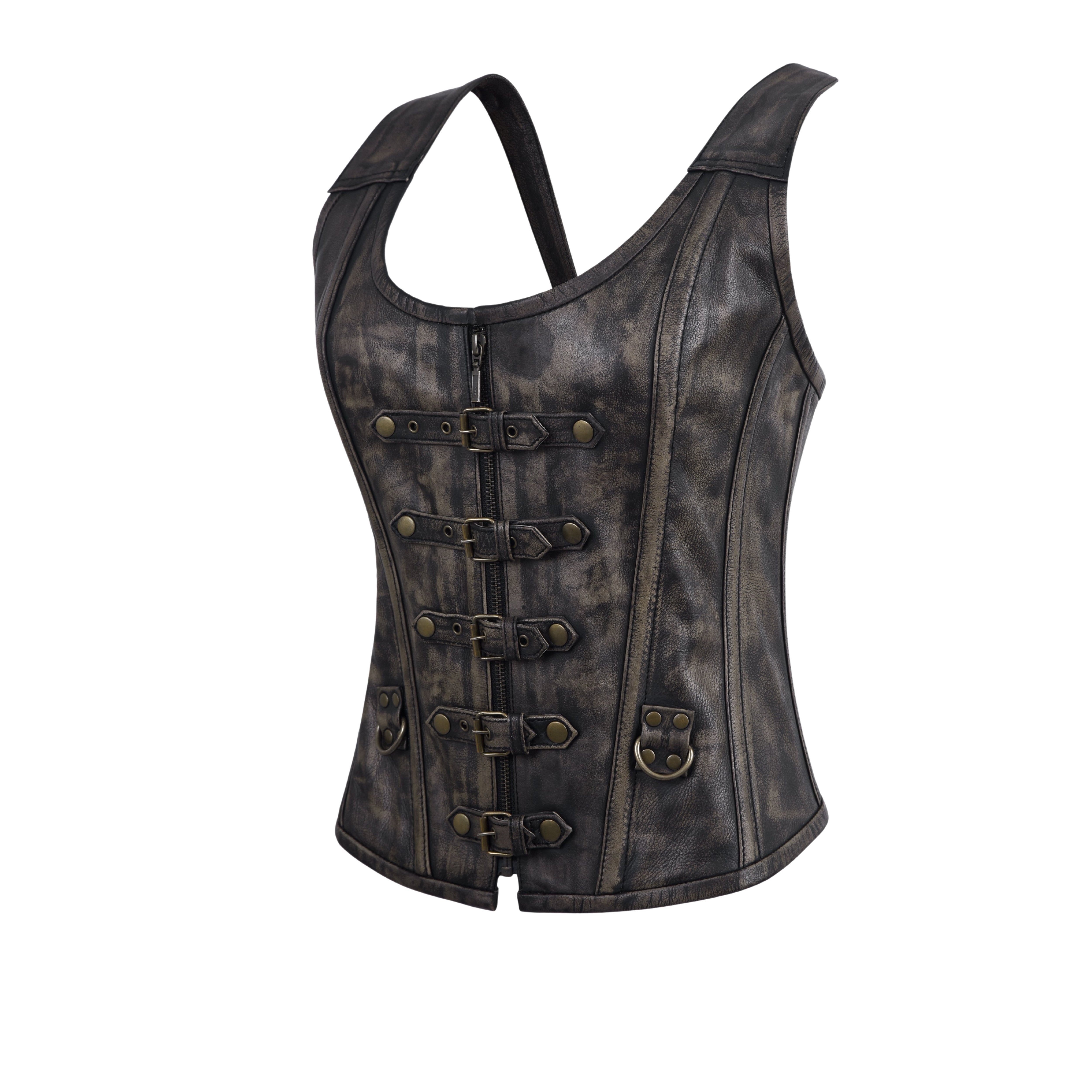 Women’s Leather Corselet Bustier – Shoulder Strap, Zipper & Buckle Overbust Body Shaper by Rexons