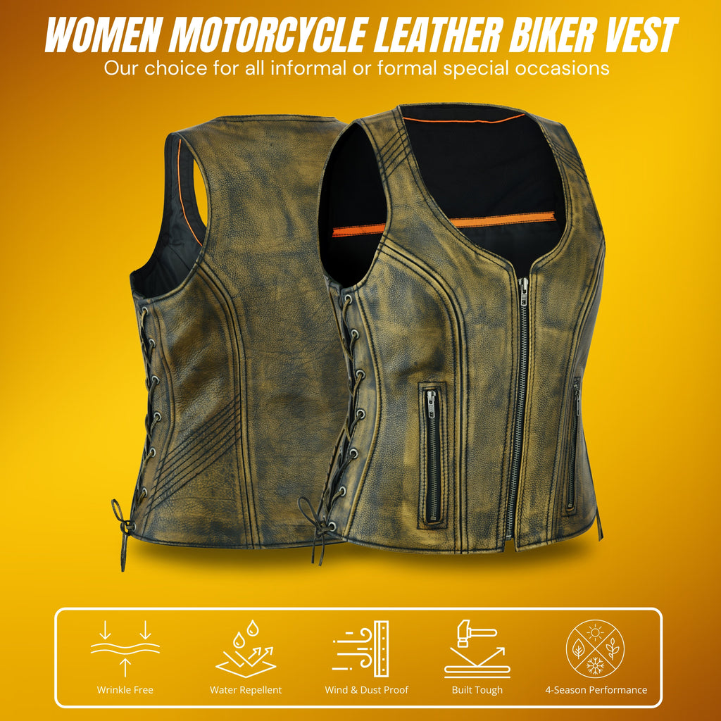 Women’s Distressed Brown ‘Open Neck’ Motorcycle Leather Vest with Side Laces – Classic Ridewear by Rexons