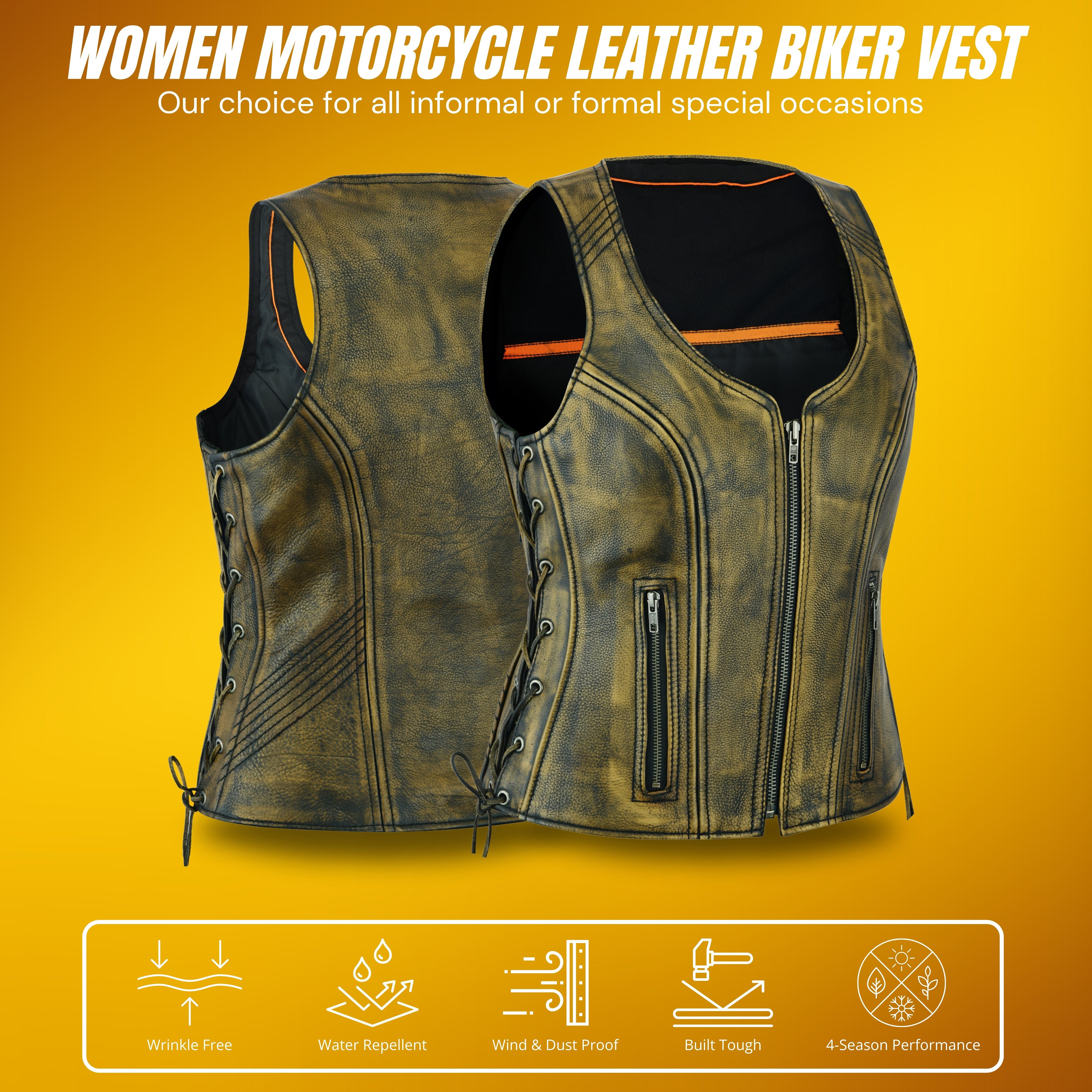 Women’s Distressed Brown ‘Open Neck’ Motorcycle Leather Vest with Side Laces – Classic Ridewear by Rexons