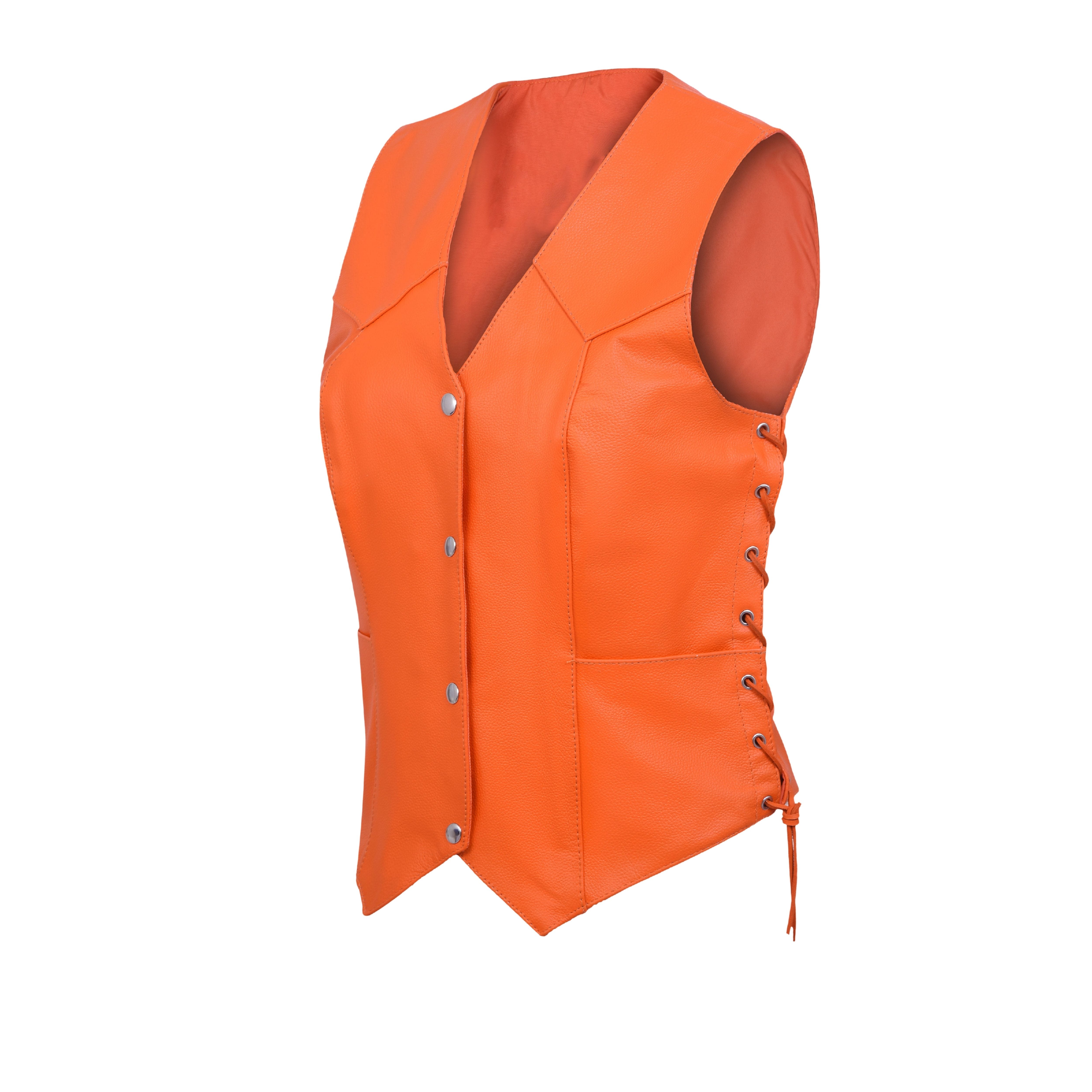Damen Biker Motorradweste aus Orange Echtleder mit verdecktem Tragen – Club Style von Rexons