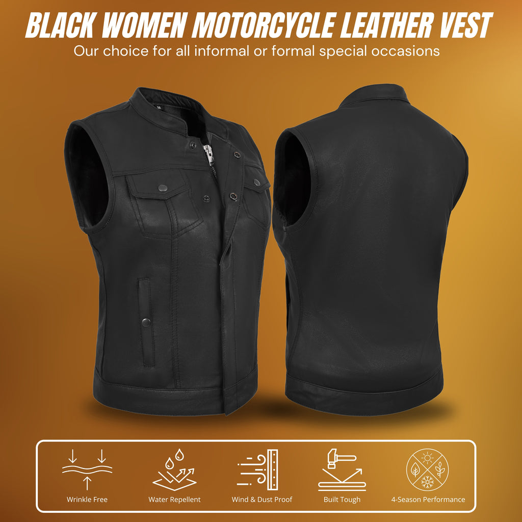 Women’s Black Vest – Premium Lamb Leather Biker Style by Rexons