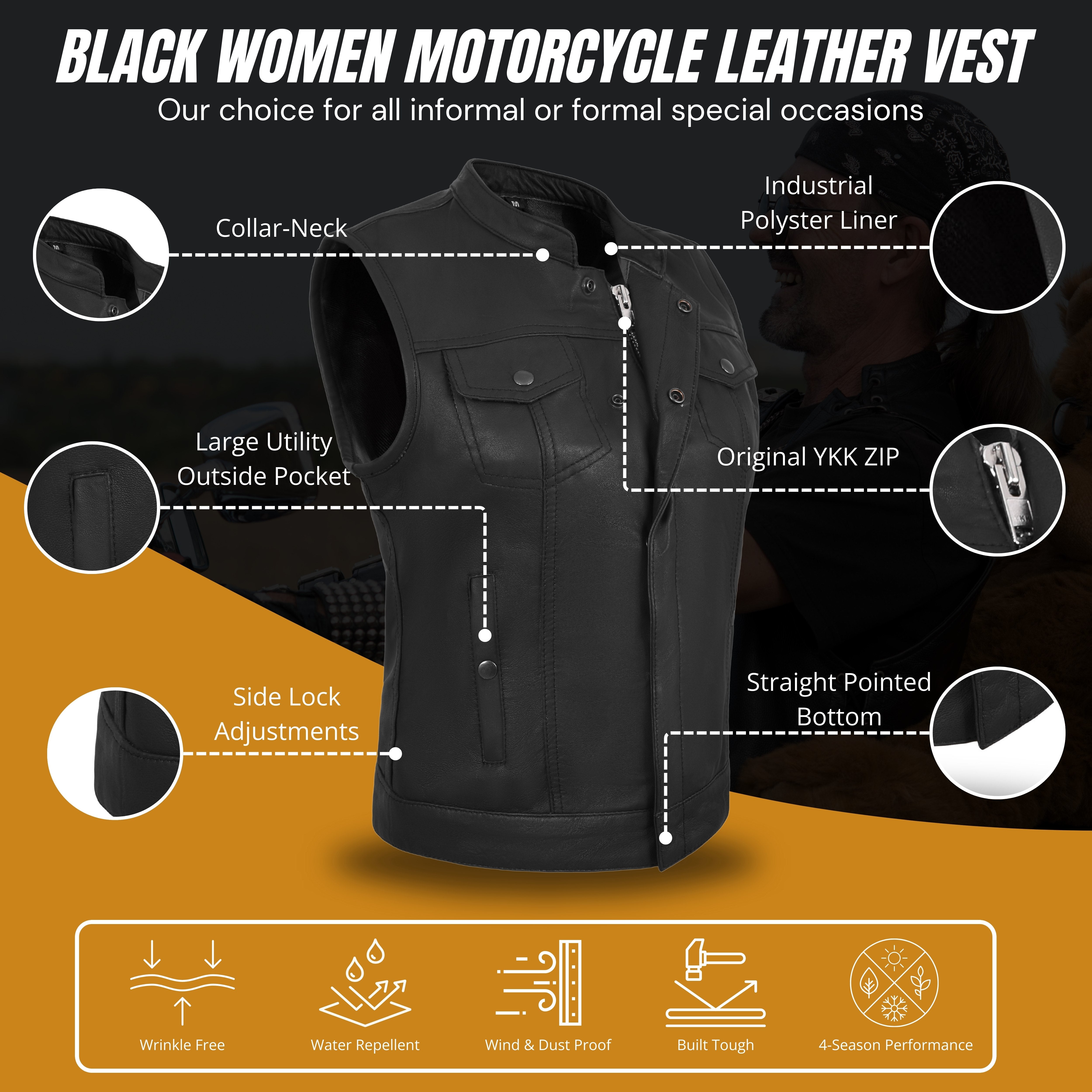 Women’s Black Vest – Premium Lamb Leather Biker Style by Rexons