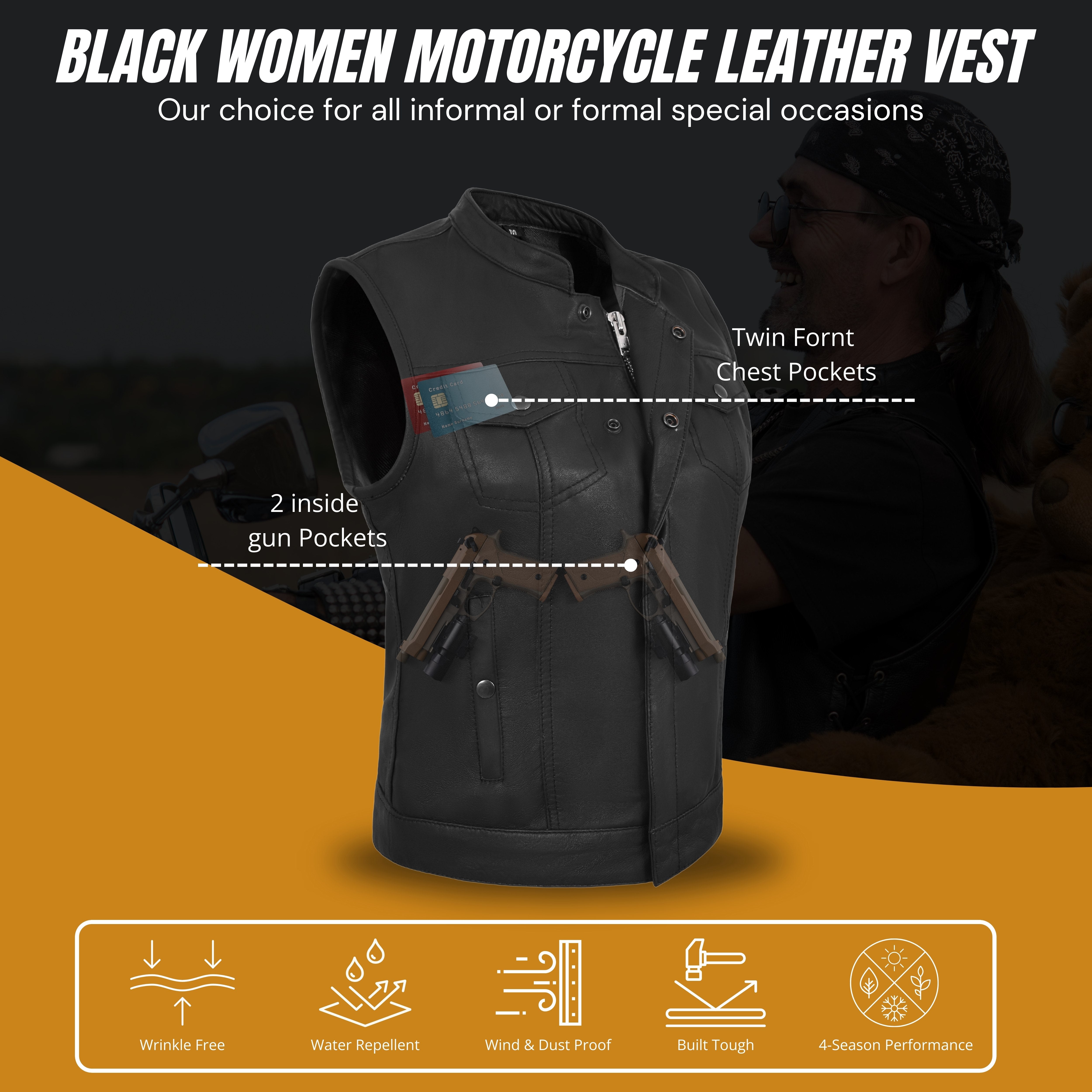 Women’s Black Vest – Premium Lamb Leather Biker Style by Rexons