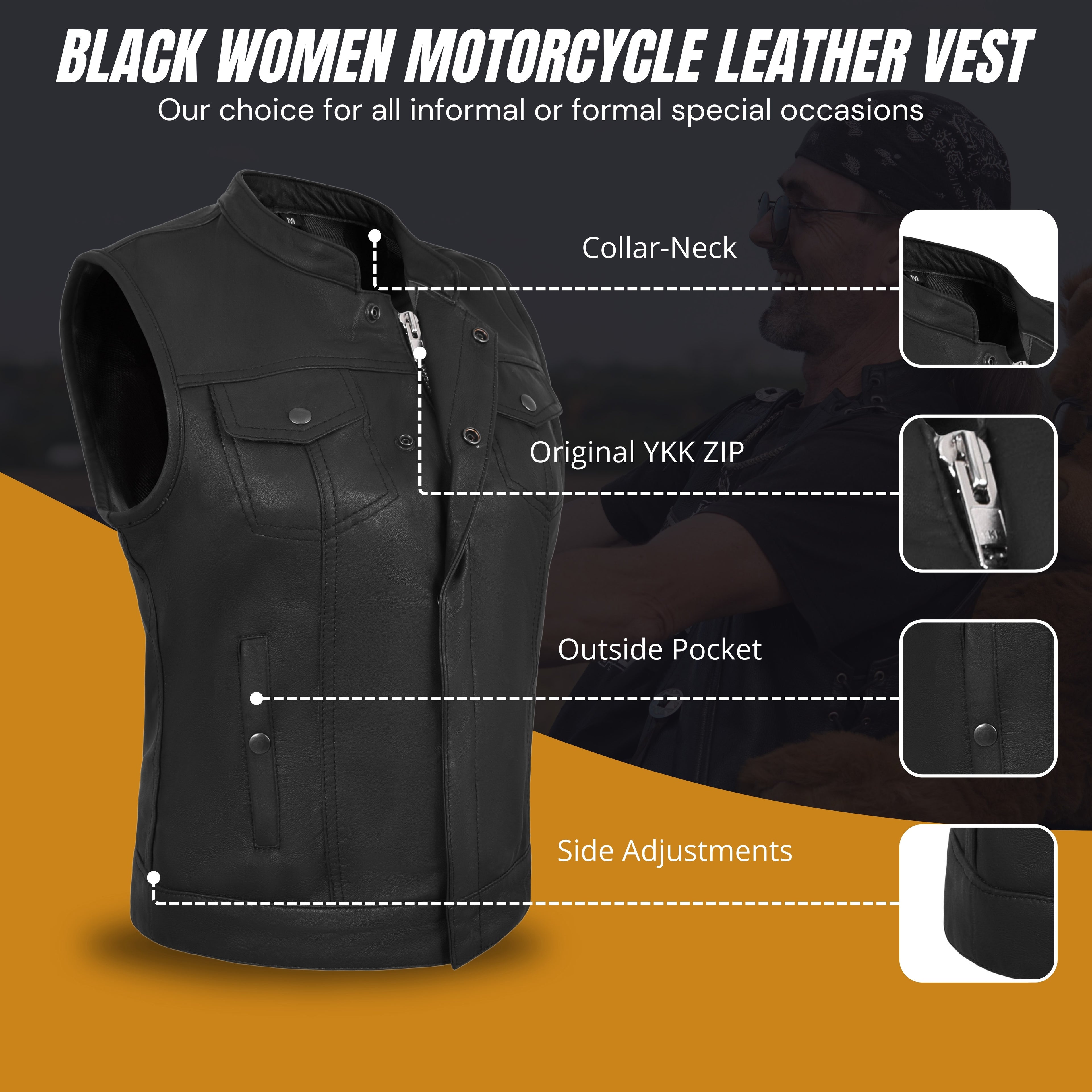 Women’s Black Vest – Premium Lamb Leather Biker Style by Rexons