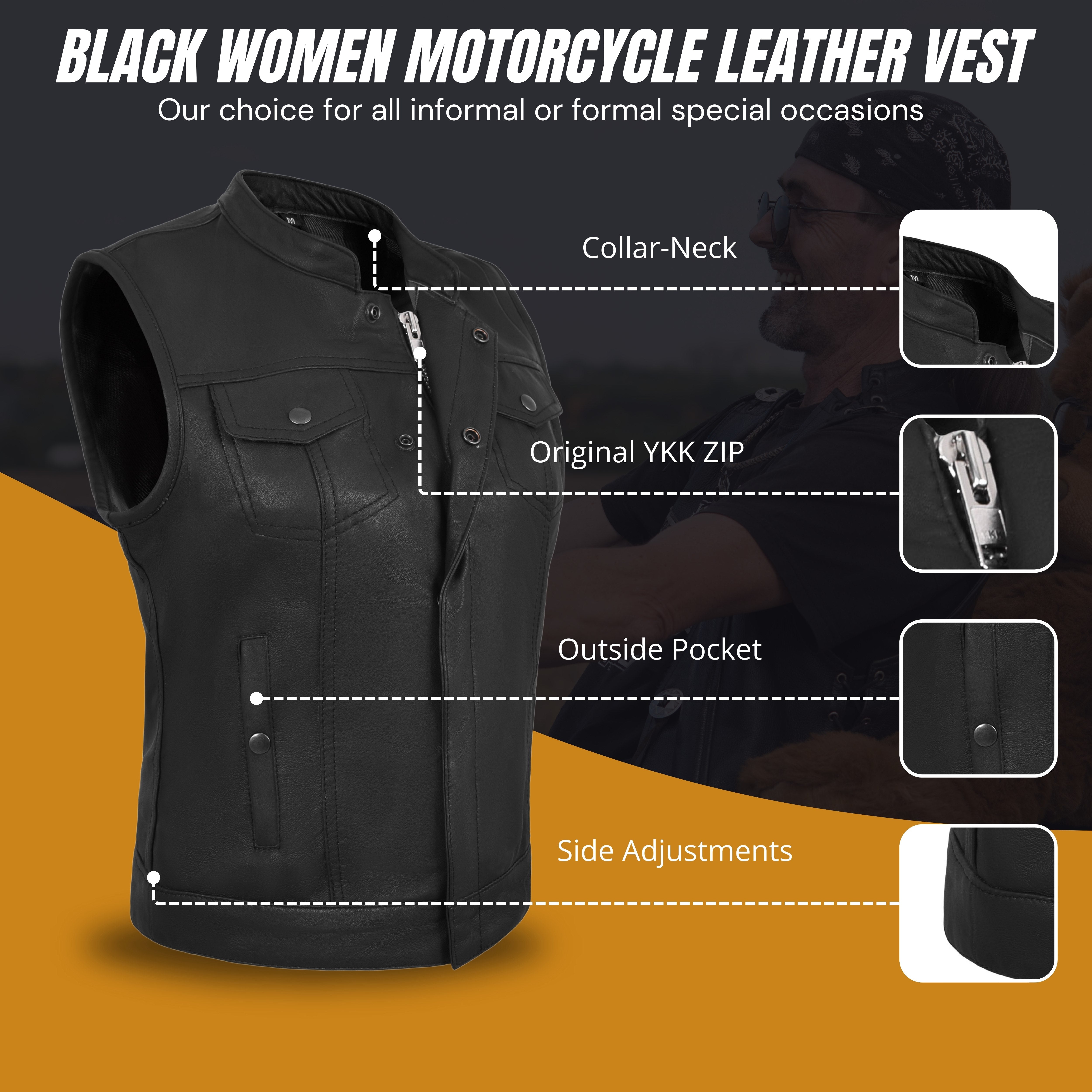 Women’s Black Vest – Premium Lamb Leather Biker Style by Rexons