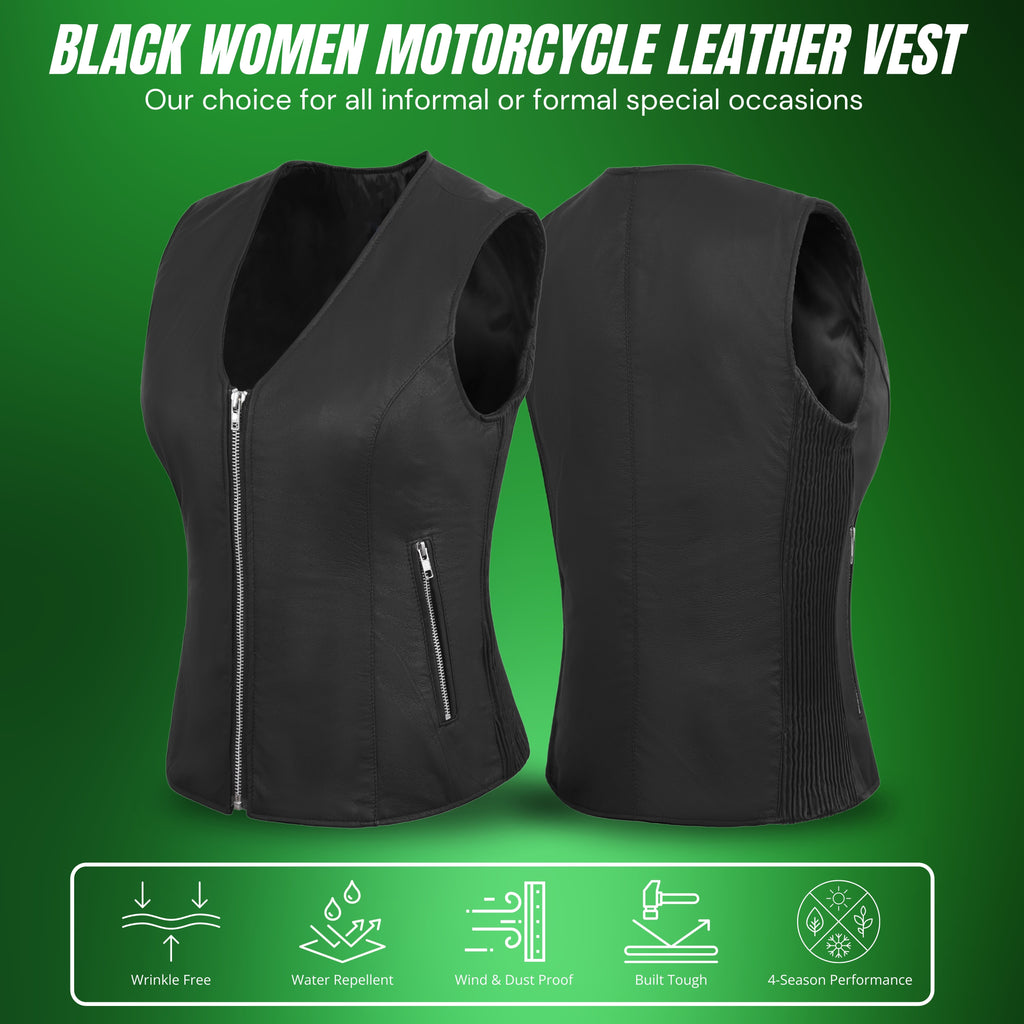 Women’s Rib Stretch Zipper Front Leather Vest by Rexons – Sleek Fit & Stylish Ride Wear