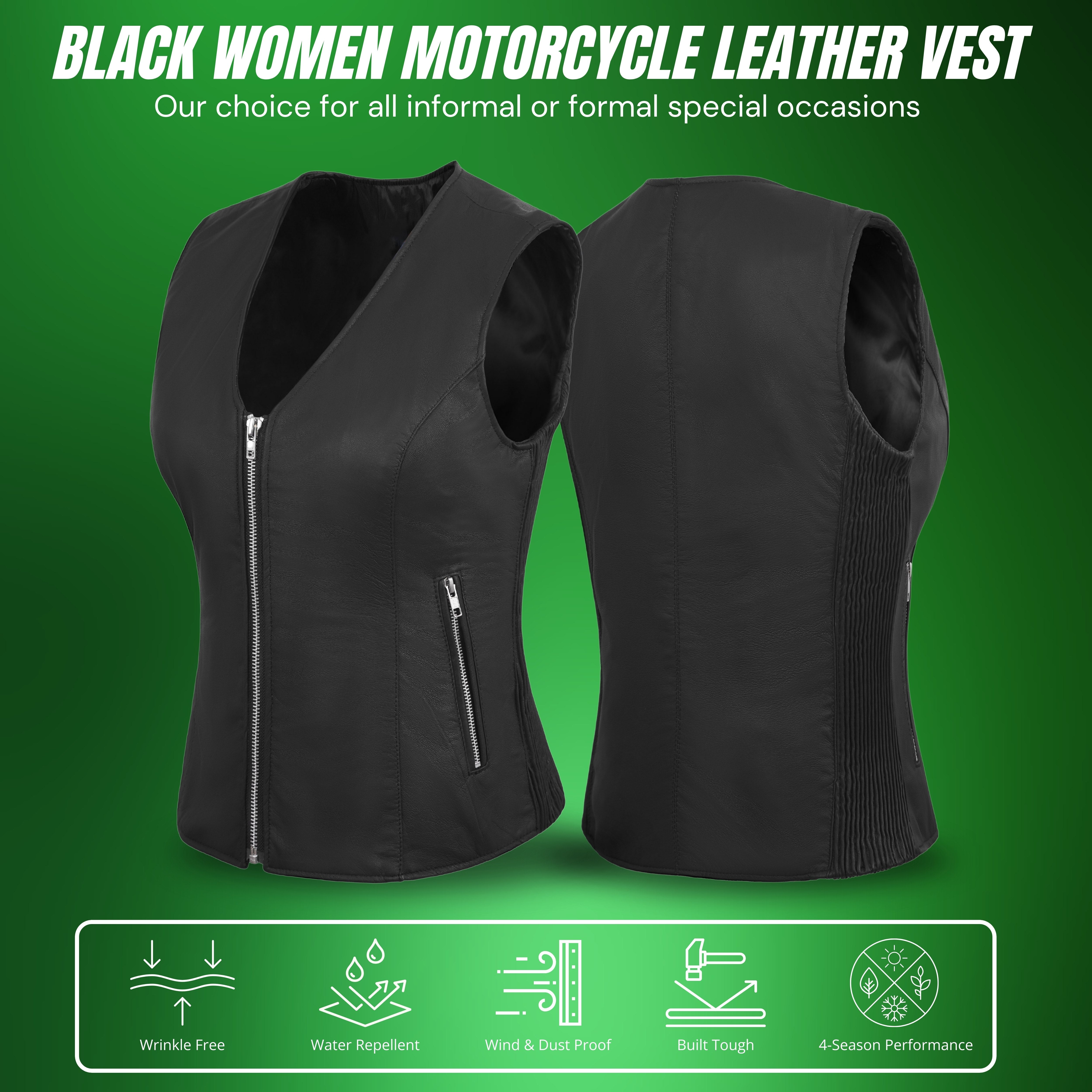 WCWV45841LMB Women’s Black Side Stretch Vest – Premium Lamb Leather by Rexons