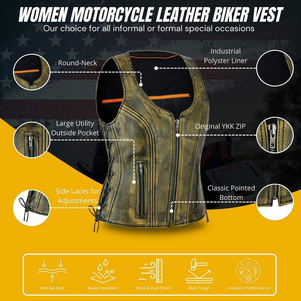 Women’s Distressed Brown ‘Open Neck’ Motorcycle Leather Vest with Side Laces – Classic Ridewear by Rexons