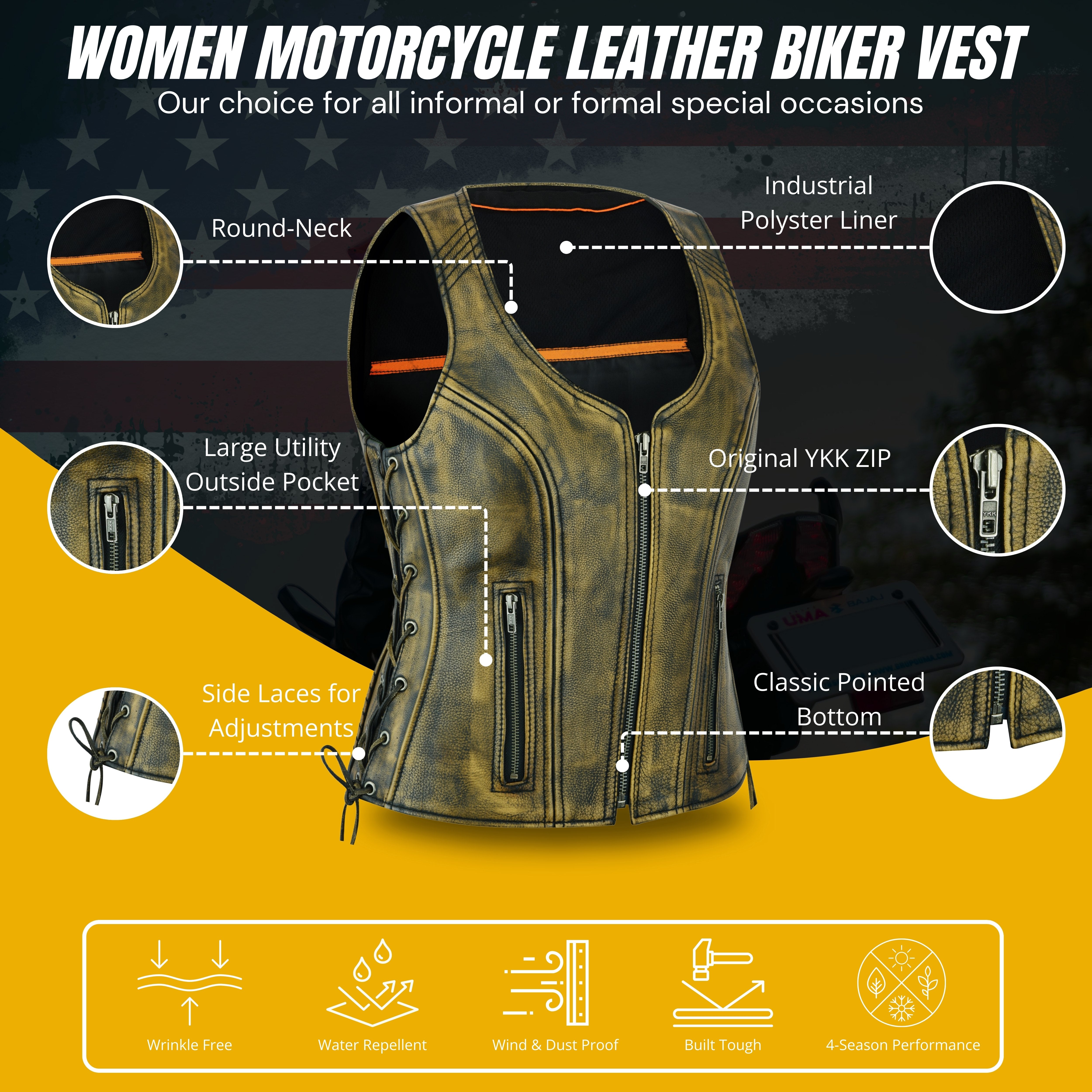 Women’s Distressed Brown ‘Open Neck’ Motorcycle Leather Vest with Side Laces – Classic Ridewear by Rexons