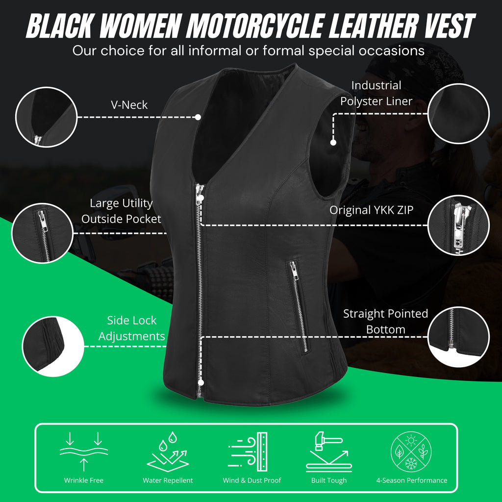 Women’s Rib Stretch Zipper Front Leather Vest by Rexons – Sleek Fit & Stylish Ride Wear