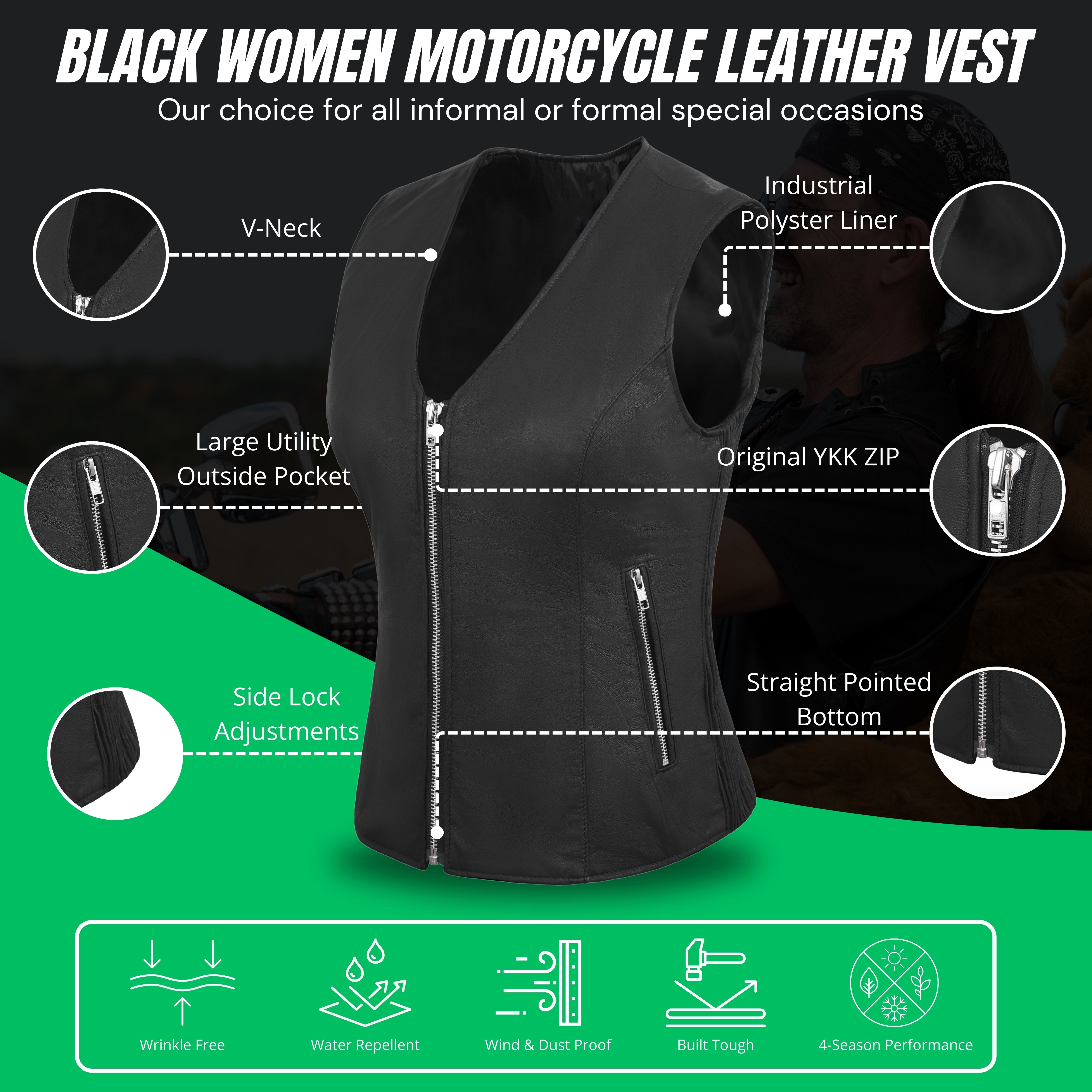 WCWV45841LMB Women’s Black Side Stretch Vest – Premium Lamb Leather by Rexons