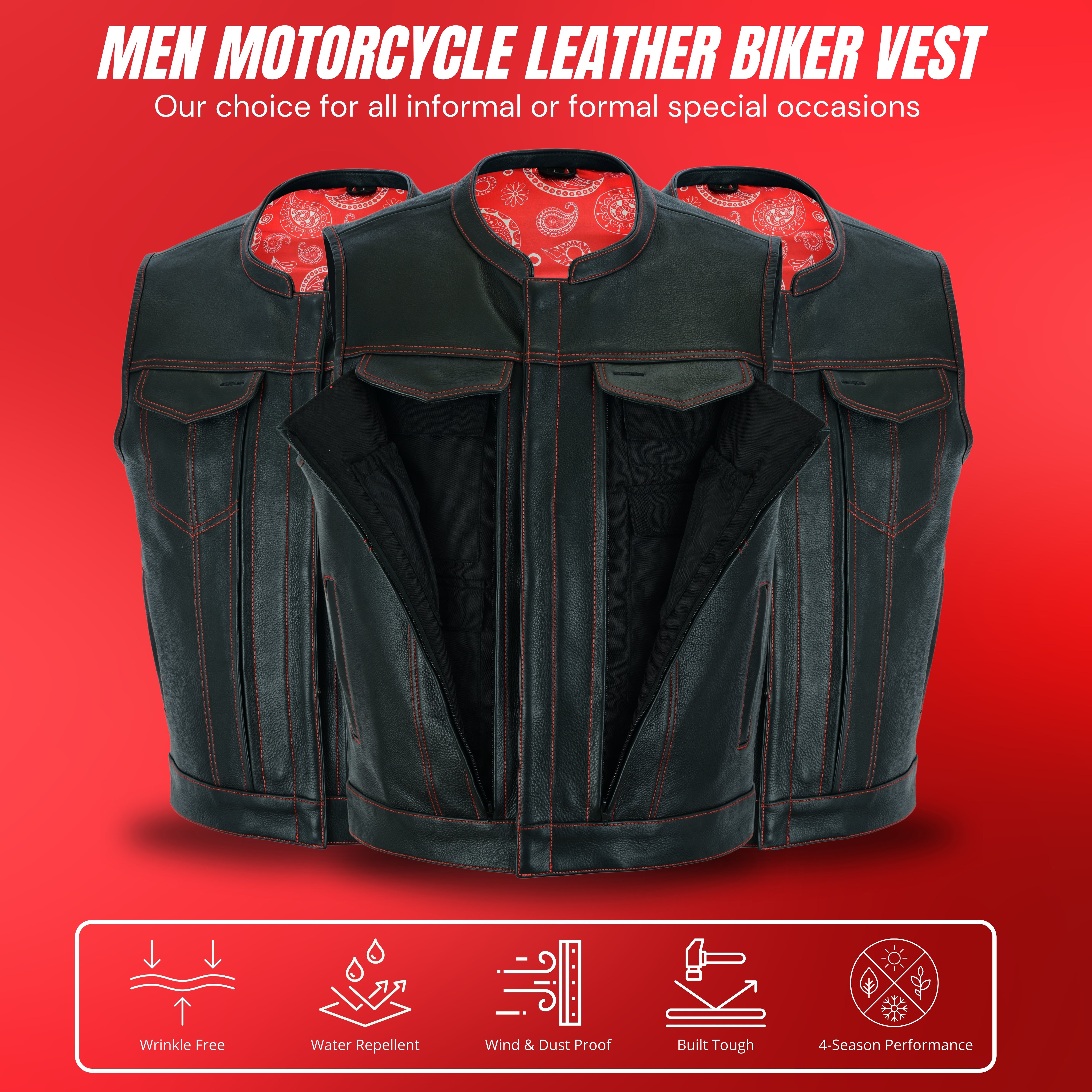 Men’s SOA Style Club Vest – Triple Red Thread Stitching with Concealed Gun Pockets & Red Lining | Rexons Tactical Biker Gear