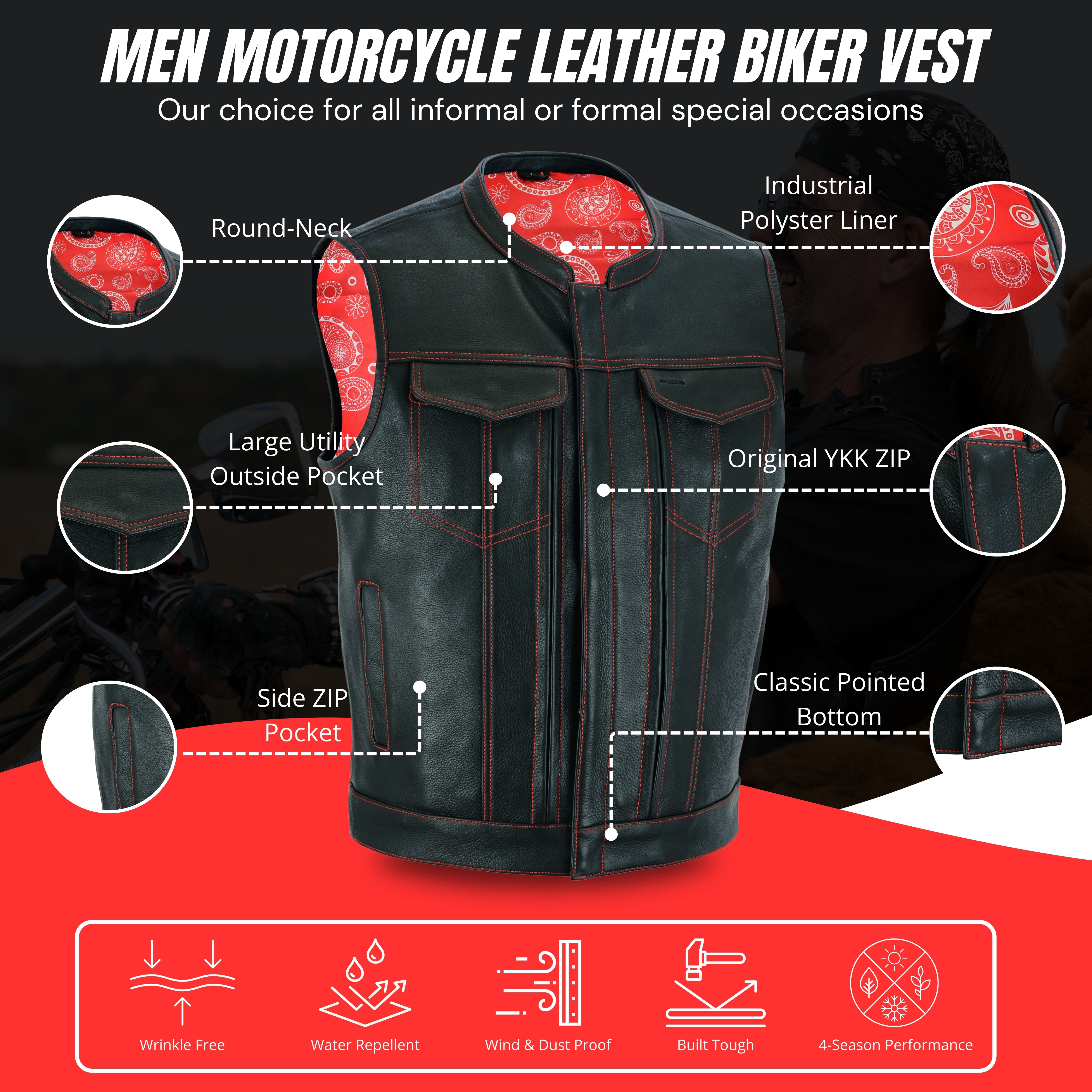 Men’s SOA Style Club Vest – Triple Red Thread Stitching with Concealed Gun Pockets & Red Lining | Rexons Tactical Biker Gear