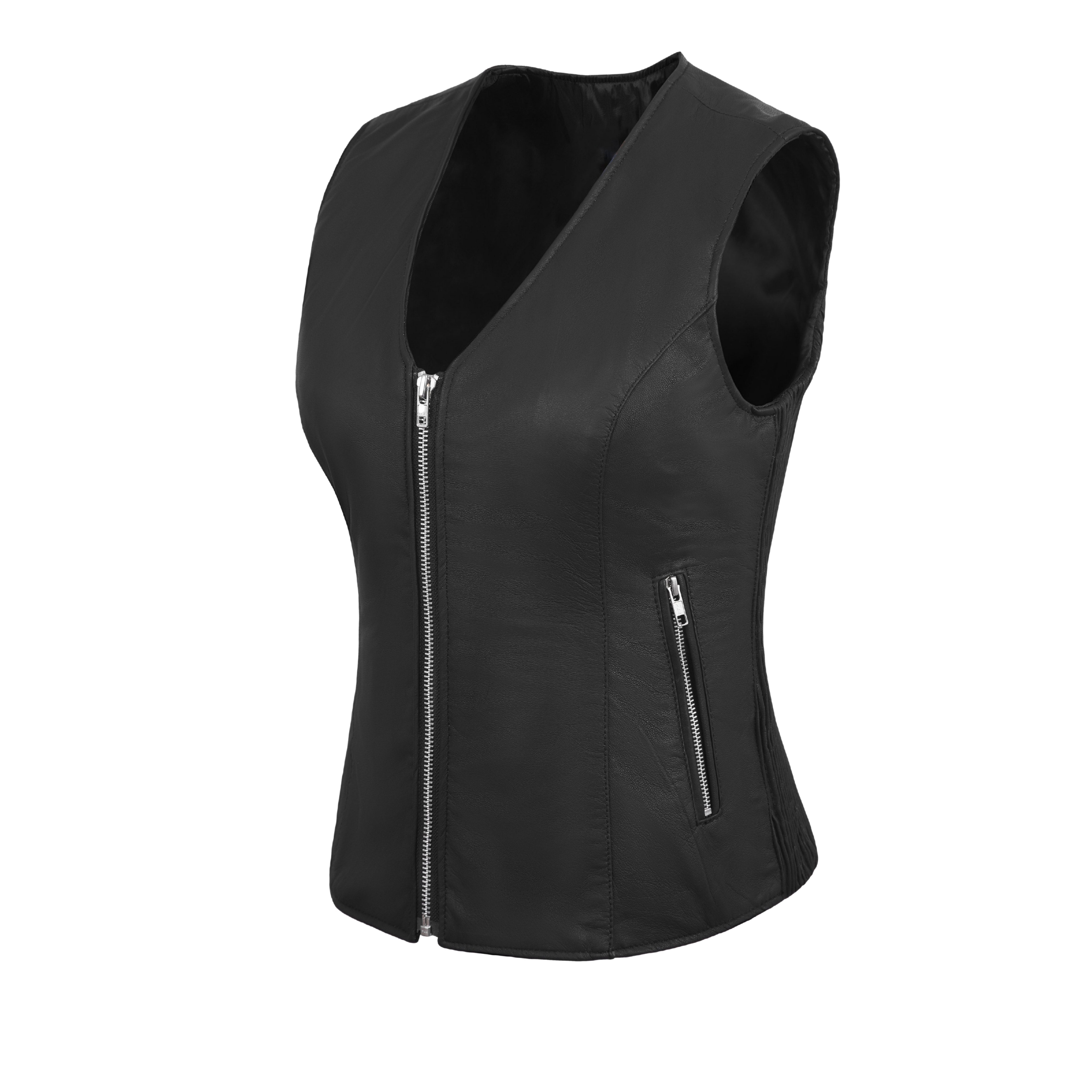 WCWV45841LMB Women’s Black Side Stretch Vest – Premium Lamb Leather by Rexons