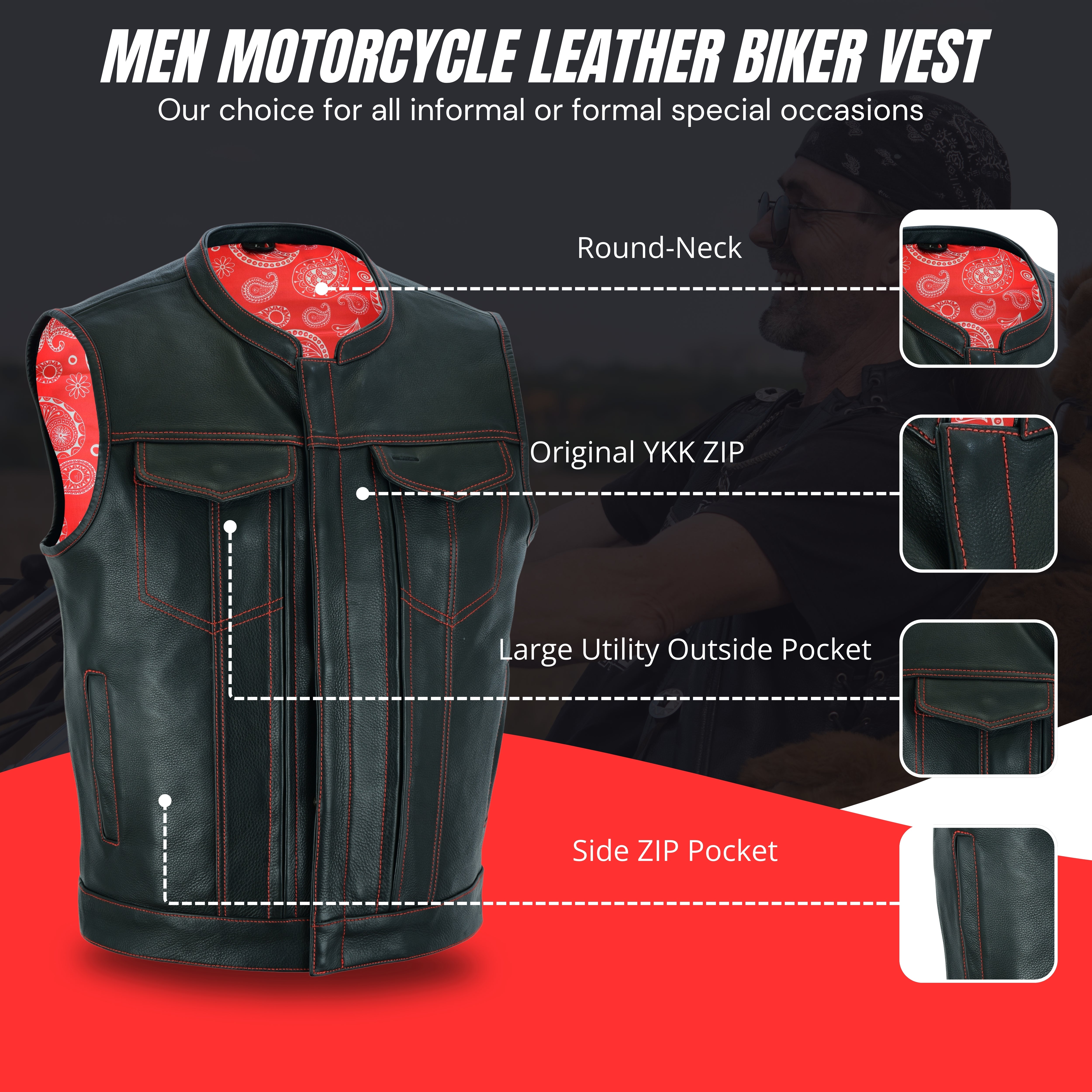 Men’s SOA Style Club Vest – Triple Red Thread Stitching with Concealed Gun Pockets & Red Lining | Rexons Tactical Biker Gear